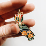 Gold California Poppy Soft Enamel Keychain 1.5" | California Outline Key Ring | Illustrated State Keychain
