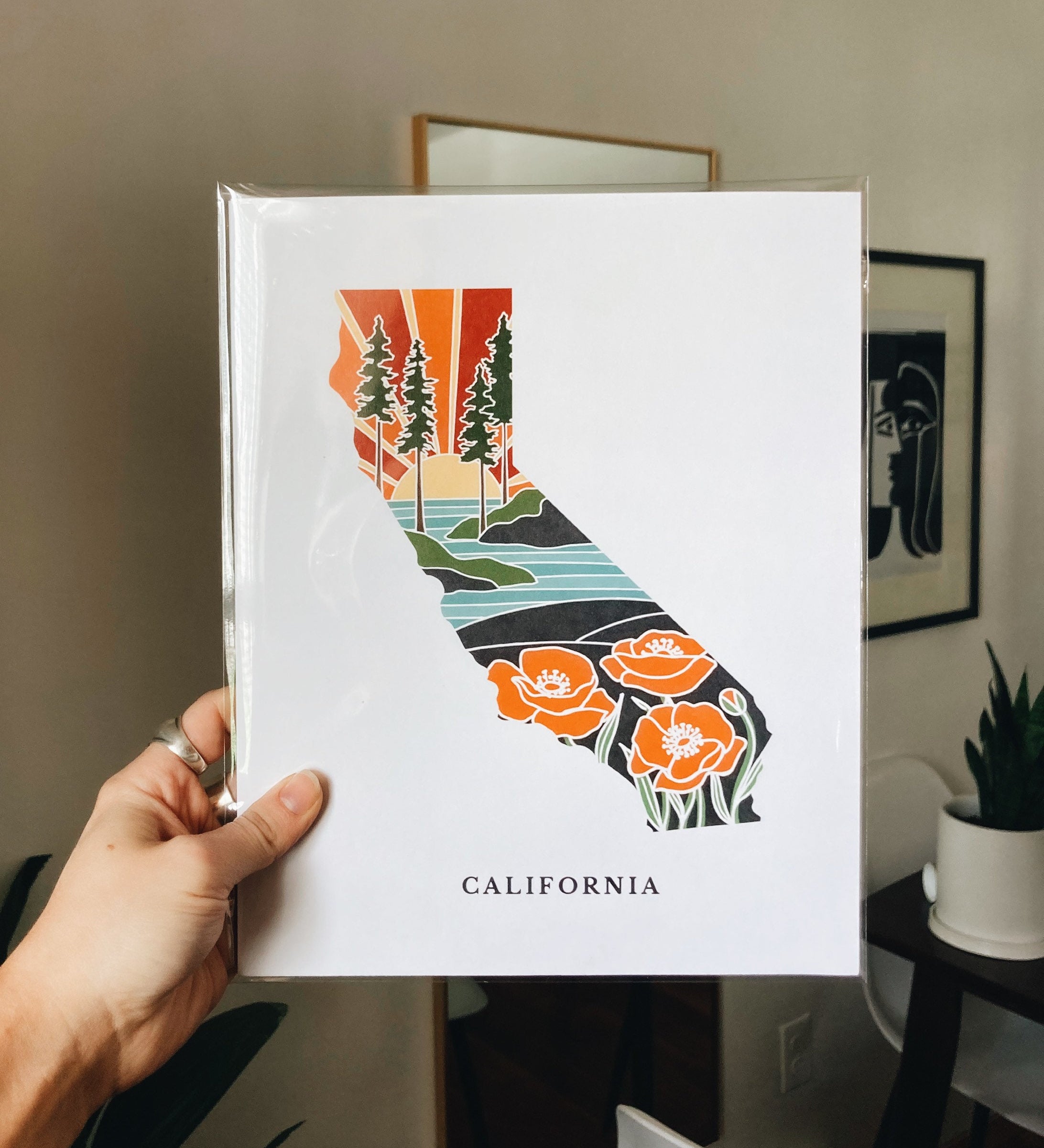 California Poppy Poster | 5x7, 8x10, 11x14, 16x20 Archival Art Print | CA Outline Poster | California Illustration | State Wall Art