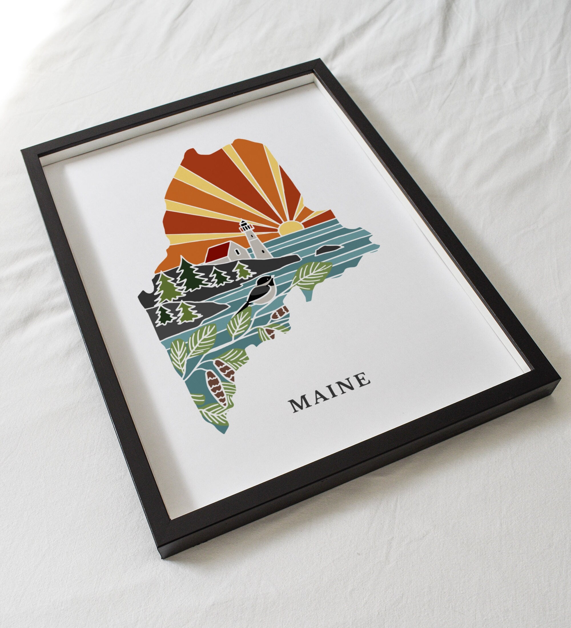 Maine Physical Art Print | State Wall Art | 5x7, 8x10, 11x14, 16x20" Archival Art Print | Maine Illustrated Poster