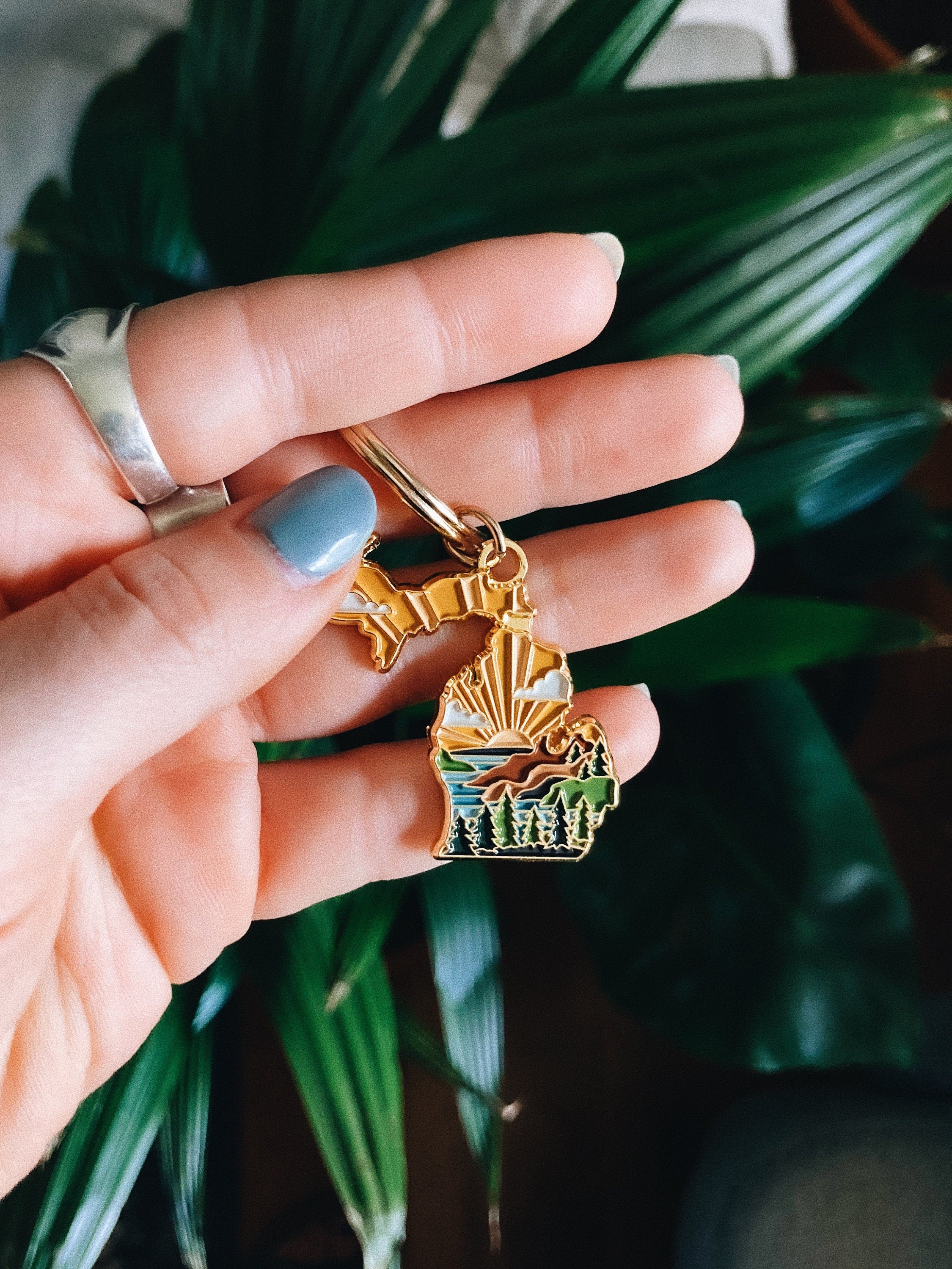 Gold Michigan Soft Enamel Keychain 1.5" | Michigan Outline Key Ring | Illustrated State Keychain