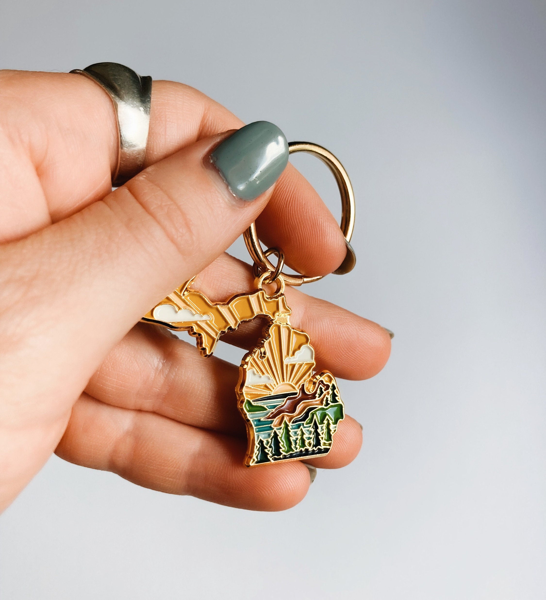Gold Michigan Soft Enamel Keychain 1.5" | Michigan Outline Key Ring | Illustrated State Keychain
