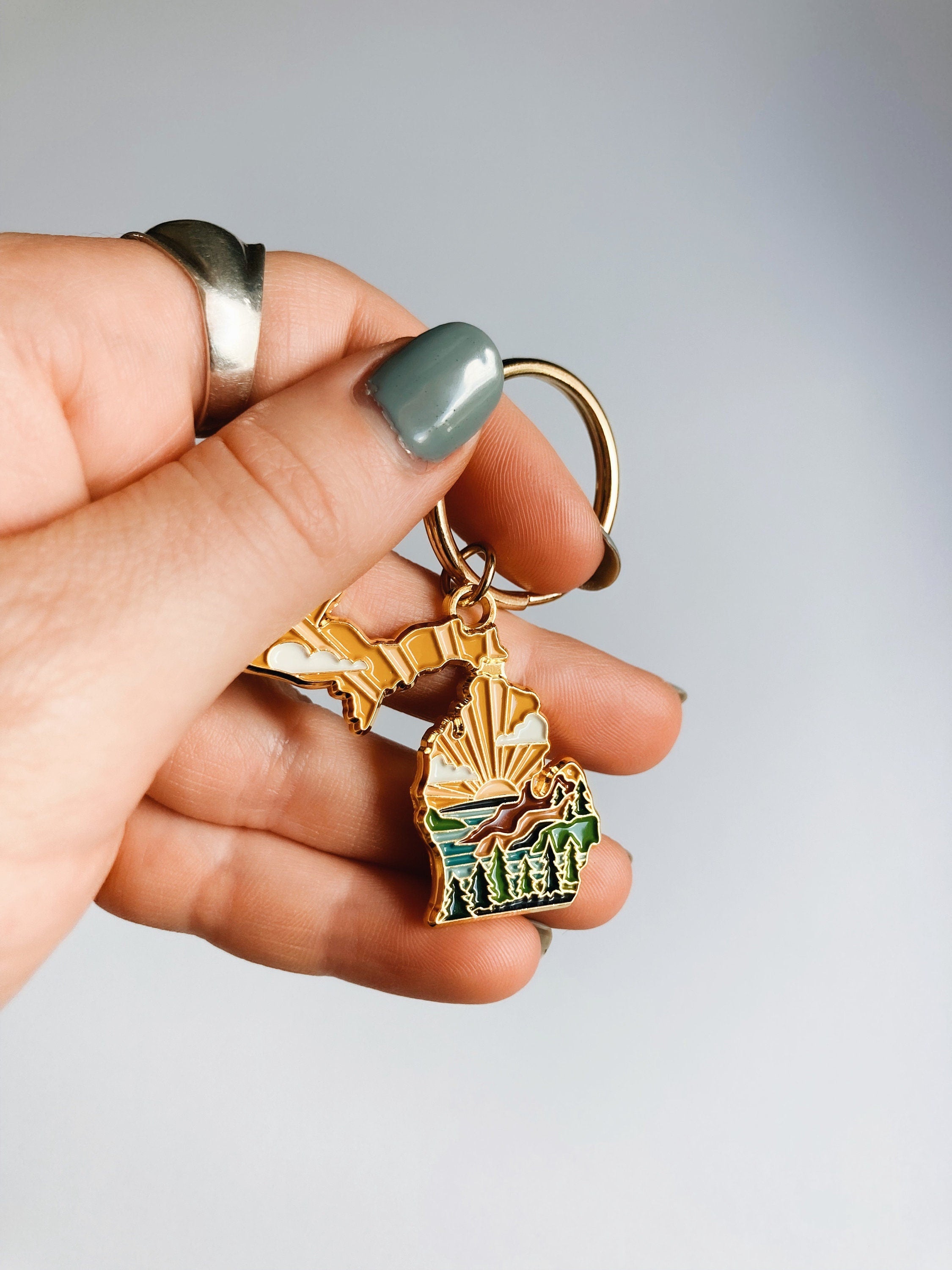 Gold Michigan Soft Enamel Keychain 1.5" | Michigan Outline Key Ring | Illustrated State Keychain