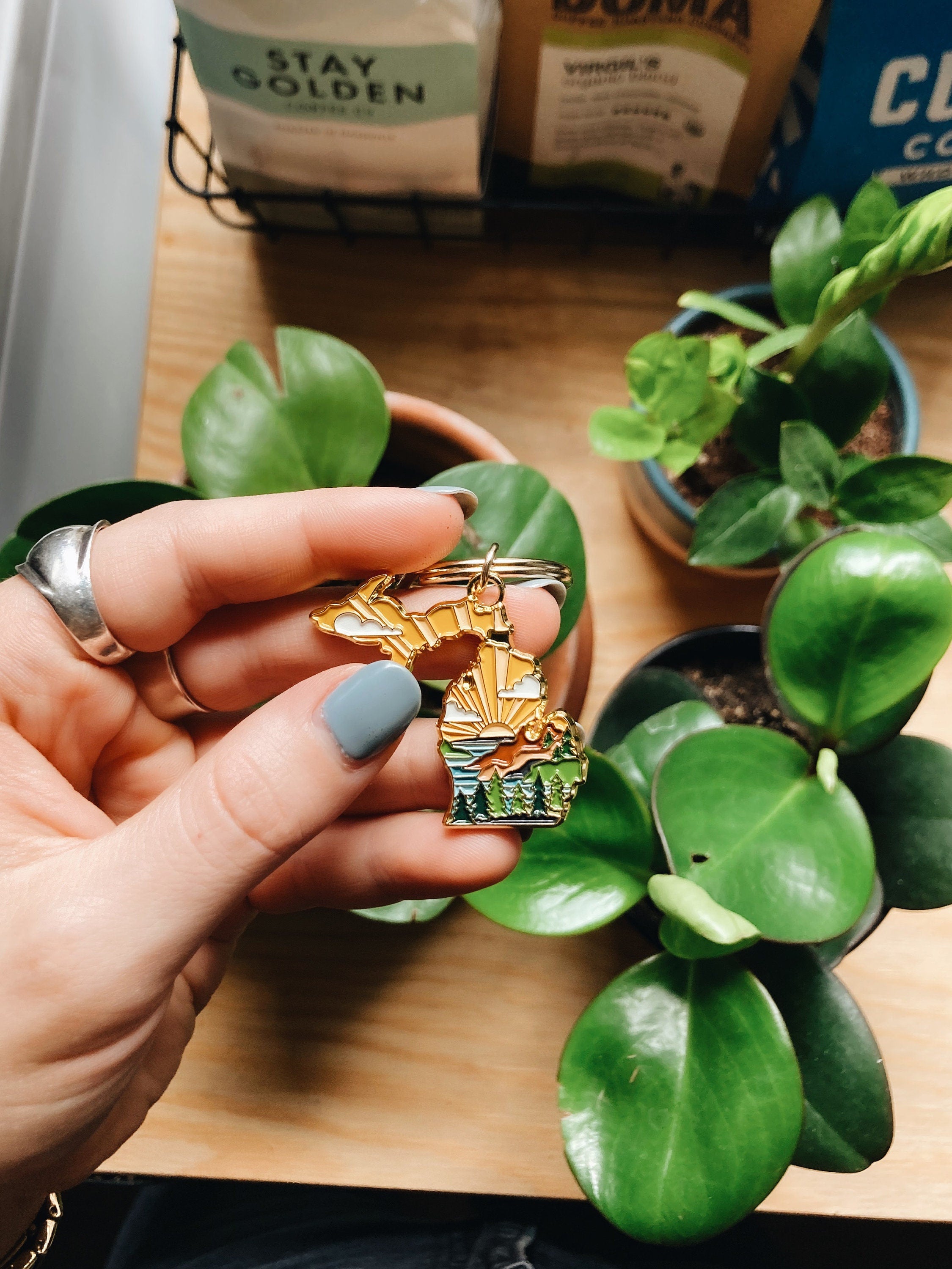 Gold Michigan Soft Enamel Keychain 1.5" | Michigan Outline Key Ring | Illustrated State Keychain