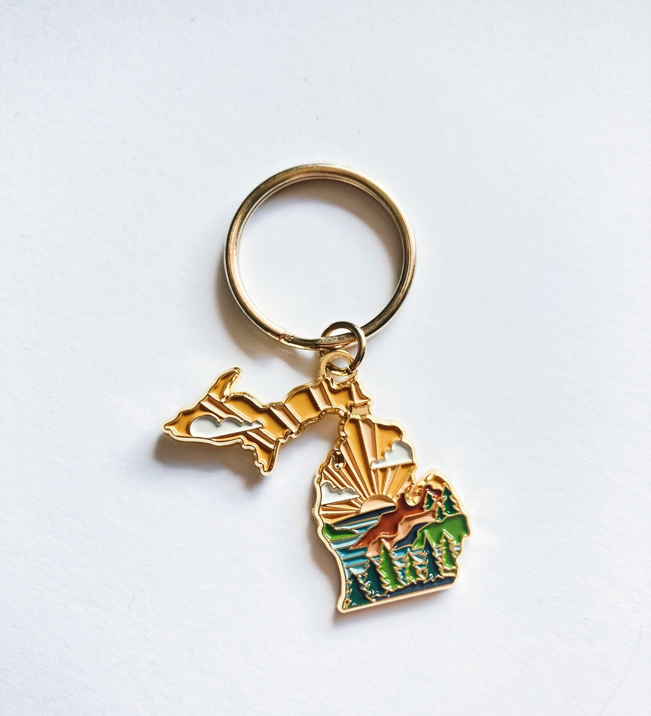 Gold Michigan Soft Enamel Keychain 1.5" | Michigan Outline Key Ring | Illustrated State Keychain