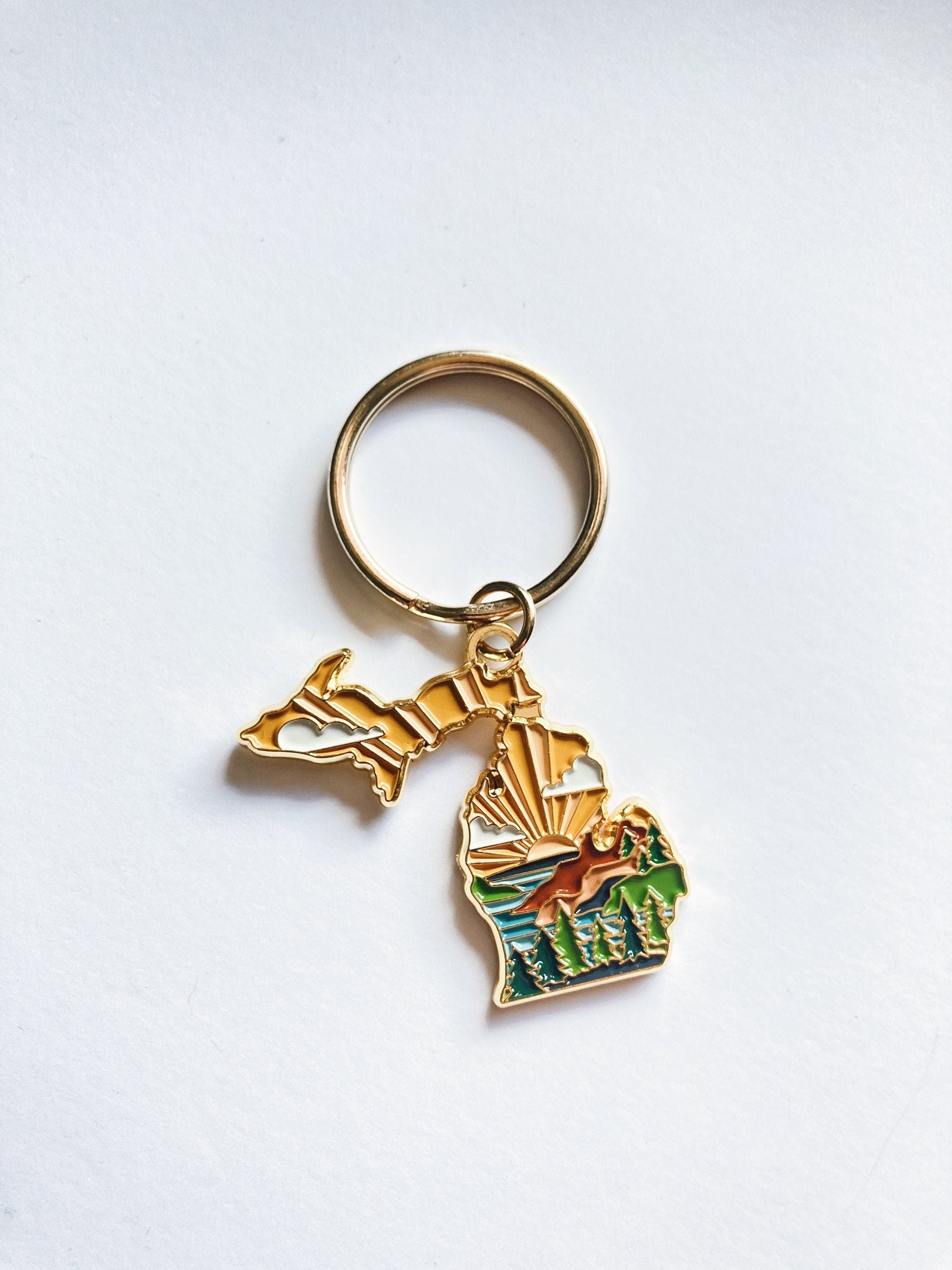 Gold Michigan Soft Enamel Keychain 1.5" | Michigan Outline Key Ring | Illustrated State Keychain