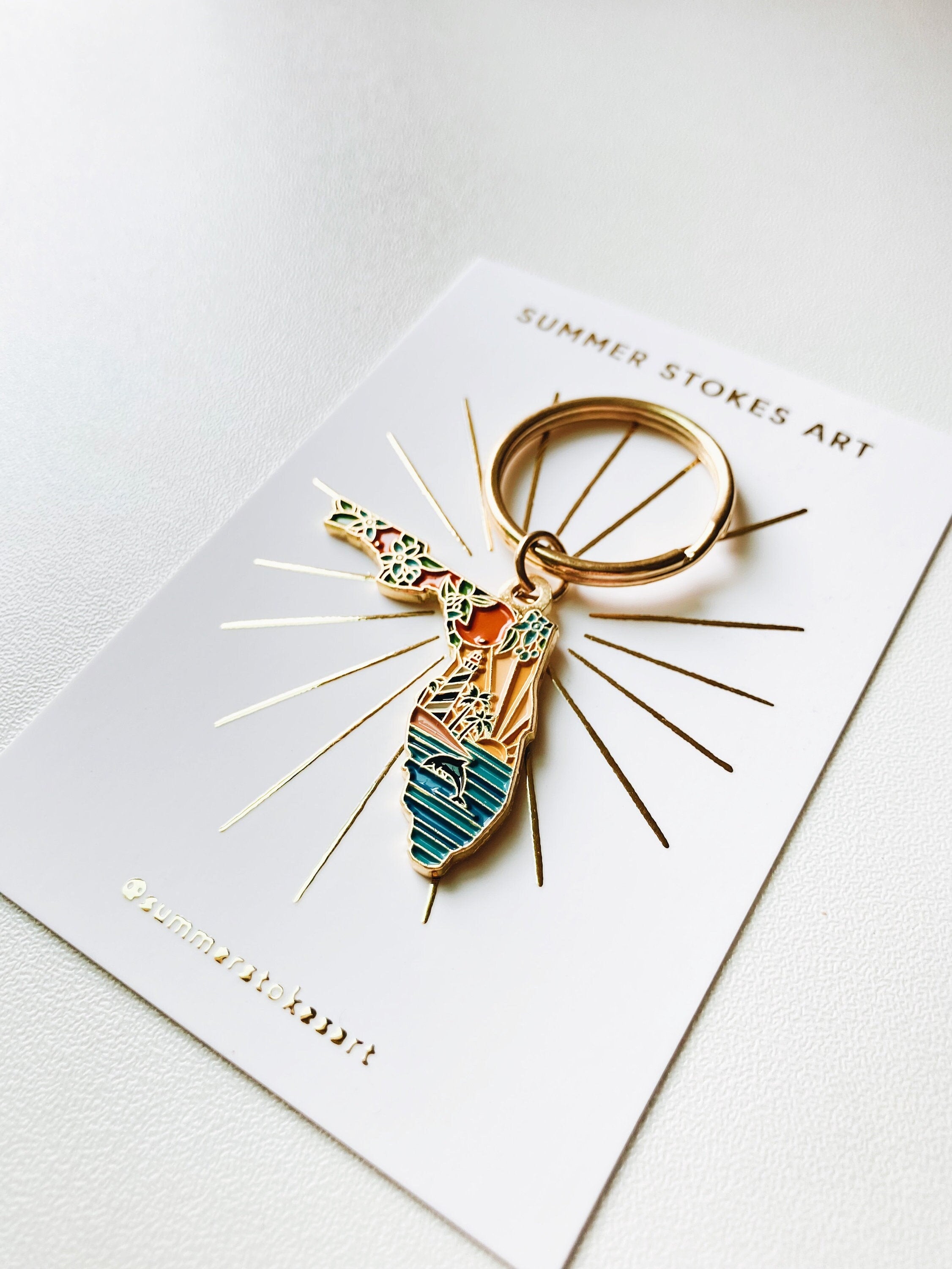 Florida Gold Enamel Keychain | Florida Outline Key Ring | Soft Enamel Illustrated State Keychain 1.5"