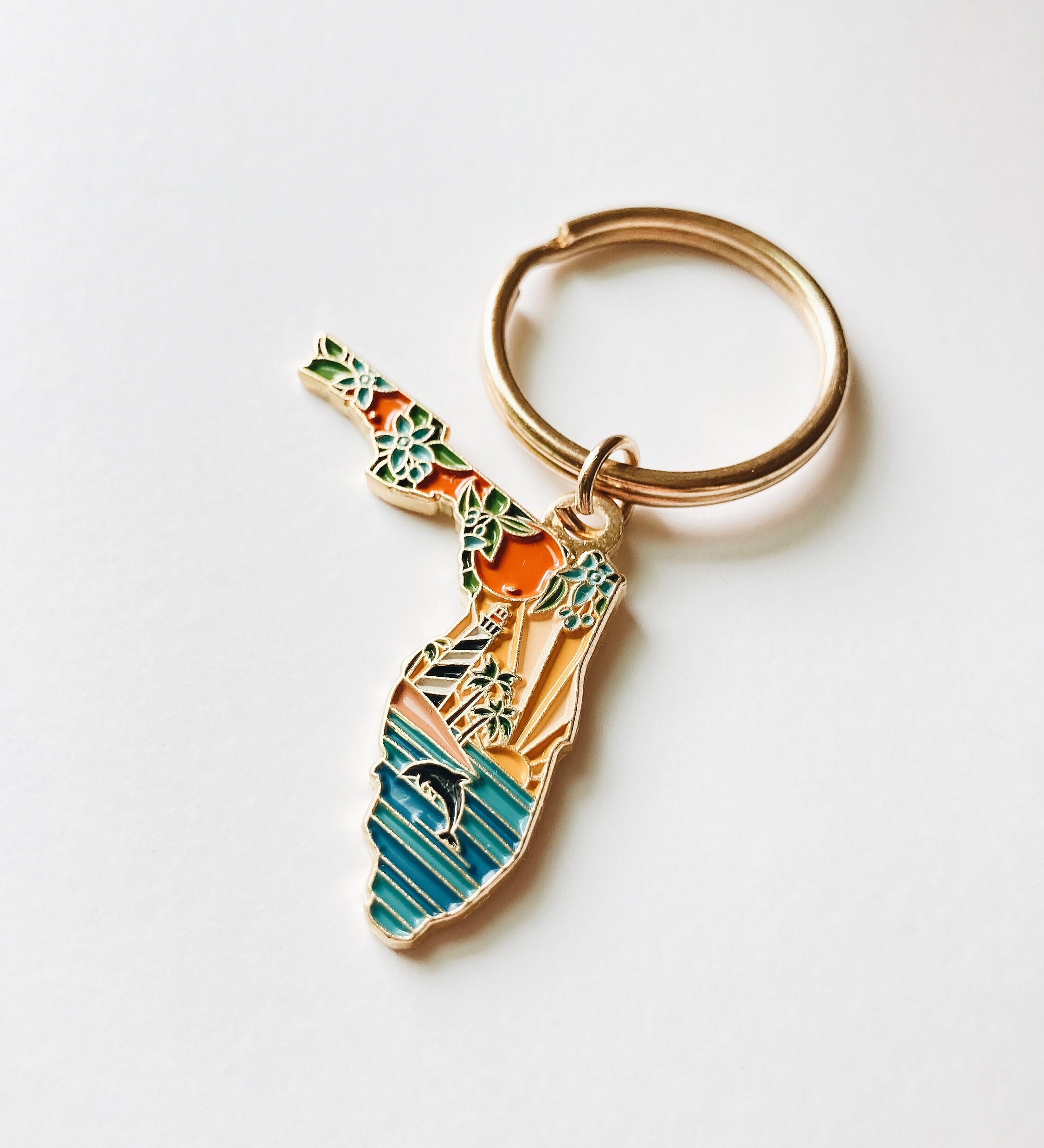 Florida Gold Enamel Keychain | Florida Outline Key Ring | Soft Enamel Illustrated State Keychain 1.5"