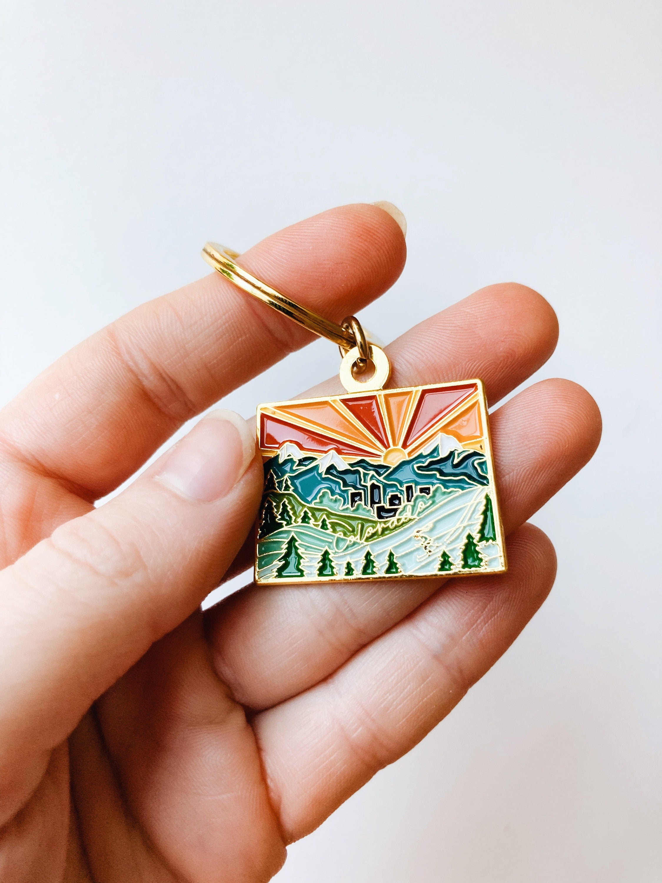 Colorado Gold Enamel Keychain | Colorado Outline Key Ring | Soft Enamel Illustrated State Keychain 1.25"