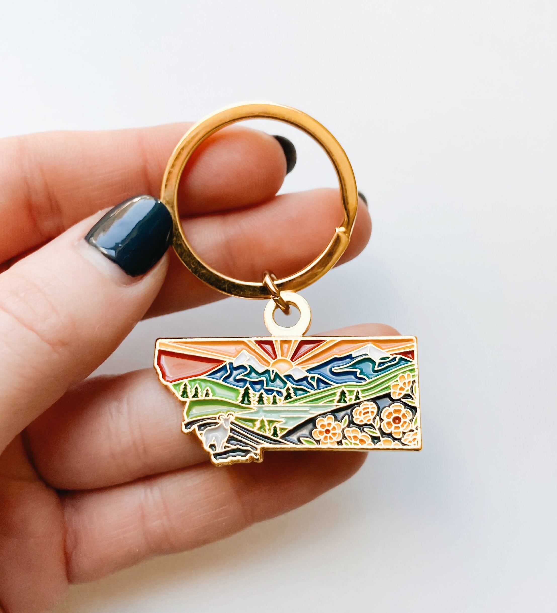 Montana Gold Enamel Keychain | Montana State Key Ring | Soft Enamel Illustrated State Keychain 1.5"