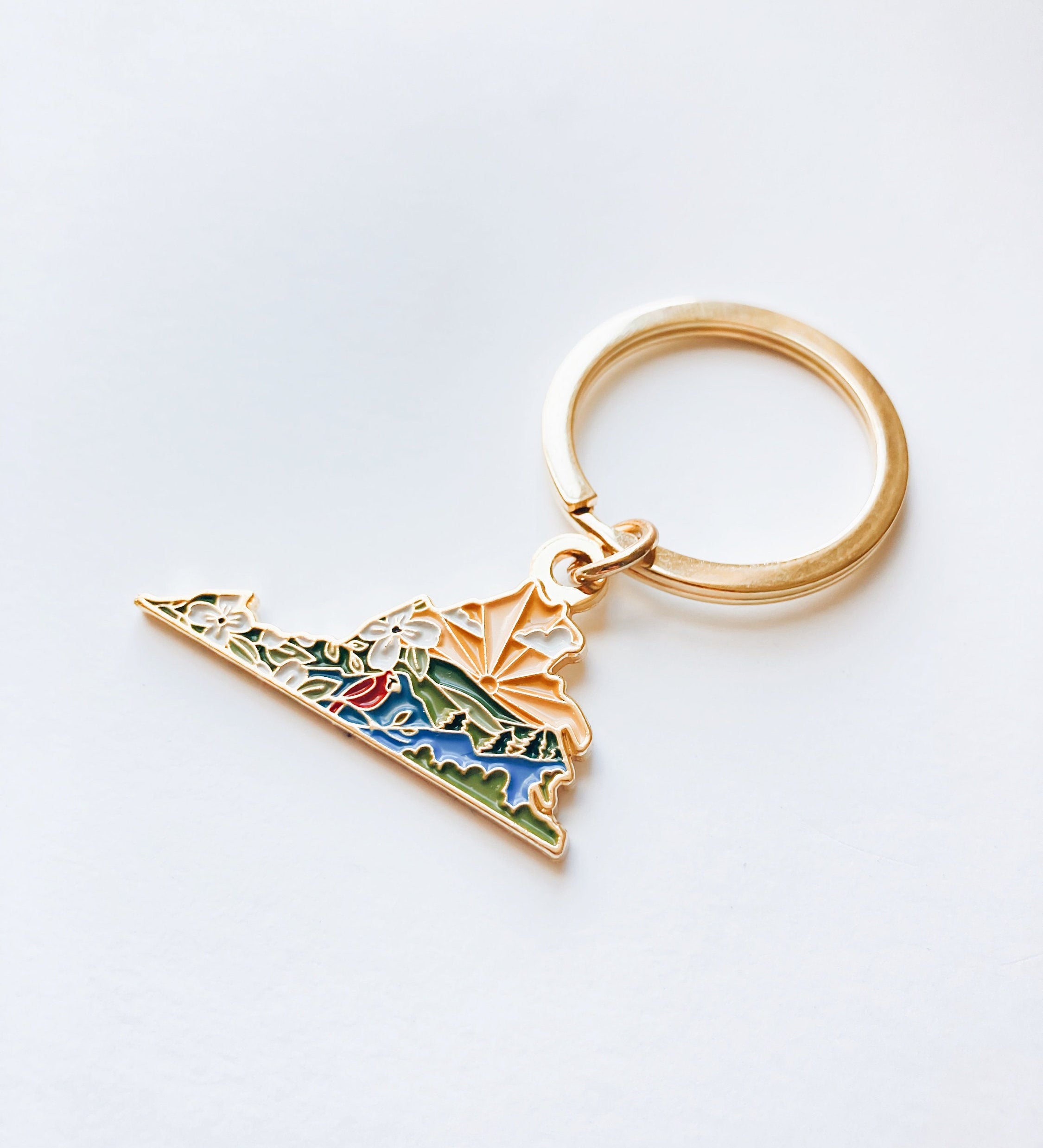Virginia Gold Enamel Keychain | Virginia Outline Key Ring | Soft Enamel Illustrated State Keychain 1.5"