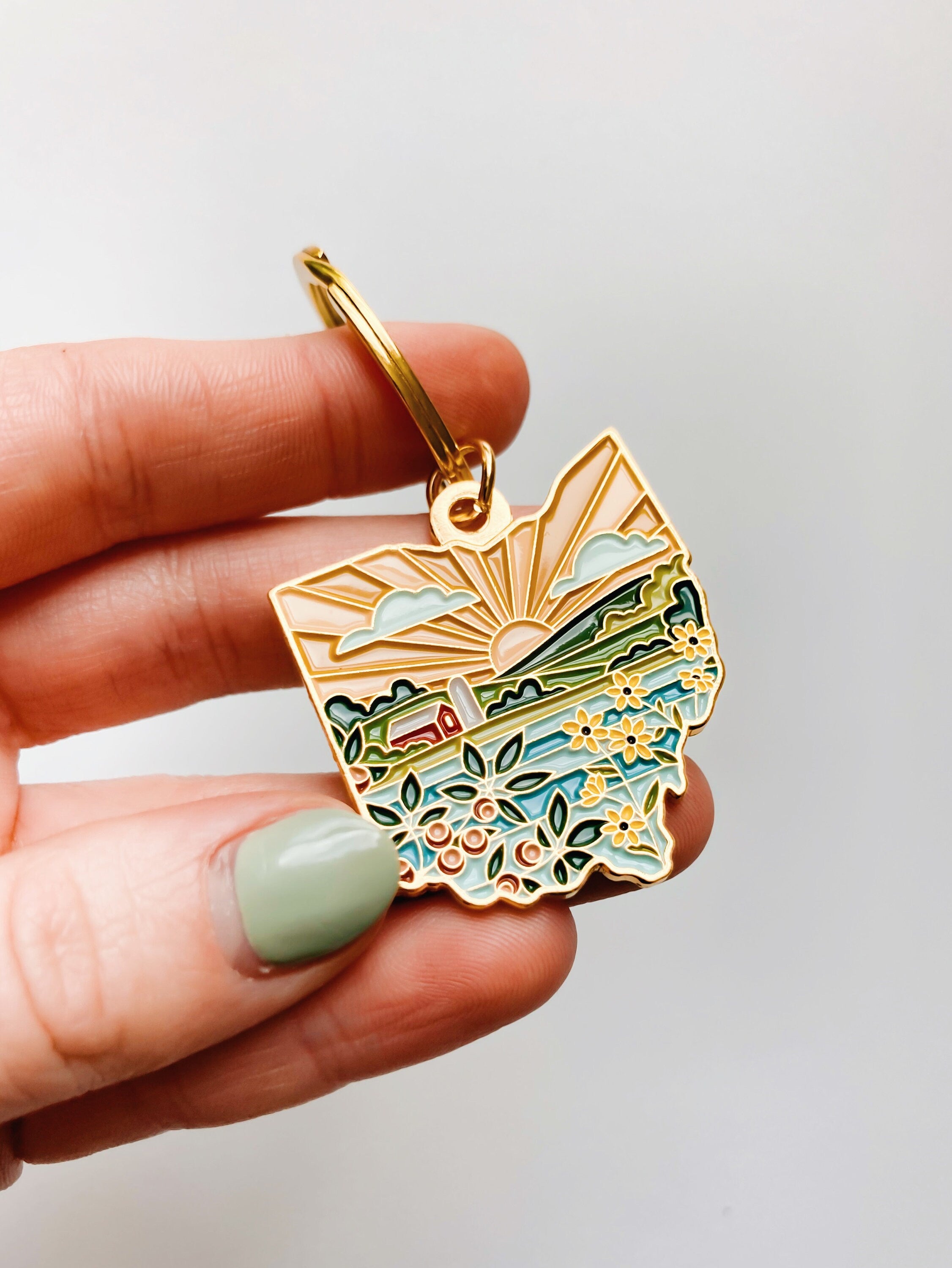 Ohio Gold Enamel Keychain | Ohio Outline Key Ring | Soft Enamel Illustrated State Keychain 1.5"