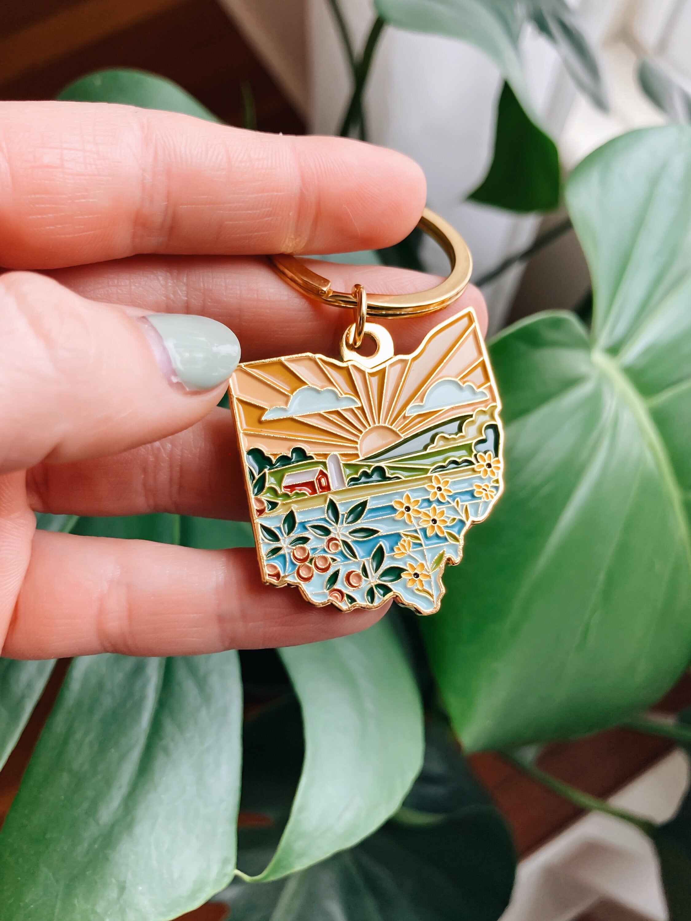 Ohio Gold Enamel Keychain | Ohio Outline Key Ring | Soft Enamel Illustrated State Keychain 1.5"