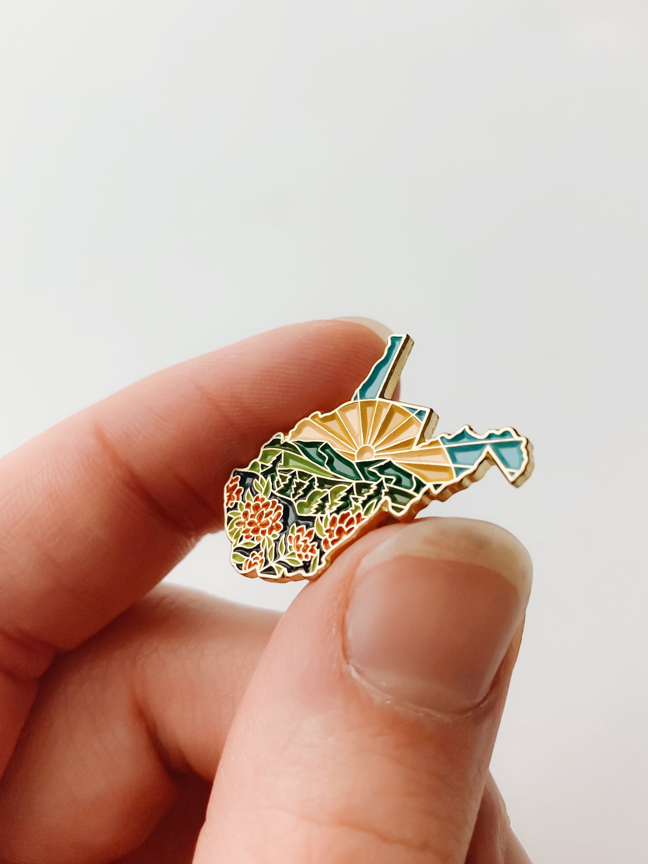West Virginia Enamel Pin | Gold Soft Enamel Pin | Illustrated United States Pin | Butterfly Clasp | 1.25"