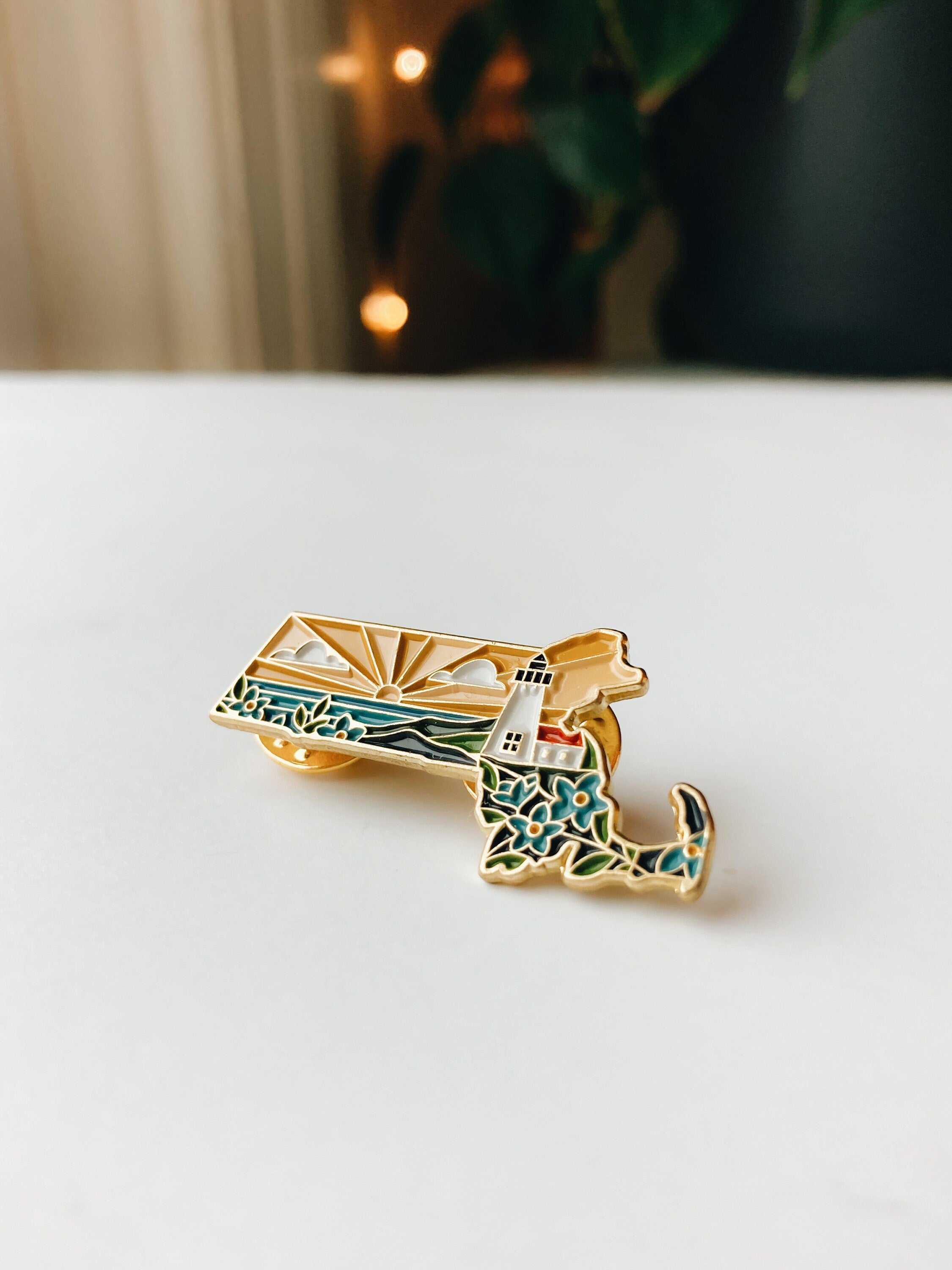 Massachusetts Enamel Pin | Gold Soft Enamel Pin | Illustrated United States Pin | Butterfly Clasp | 1.25"