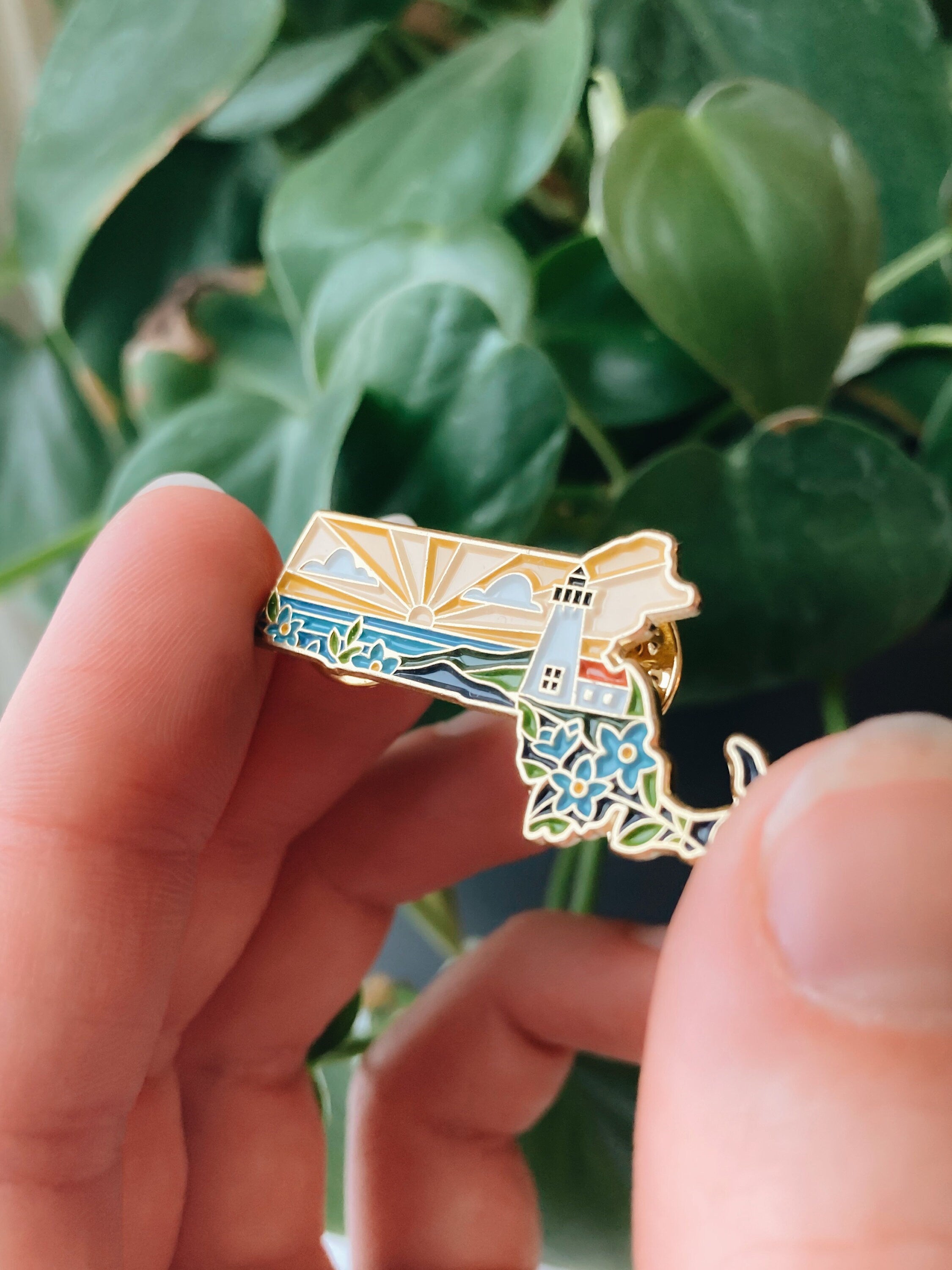 Massachusetts Enamel Pin | Gold Soft Enamel Pin | Illustrated United States Pin | Butterfly Clasp | 1.25"