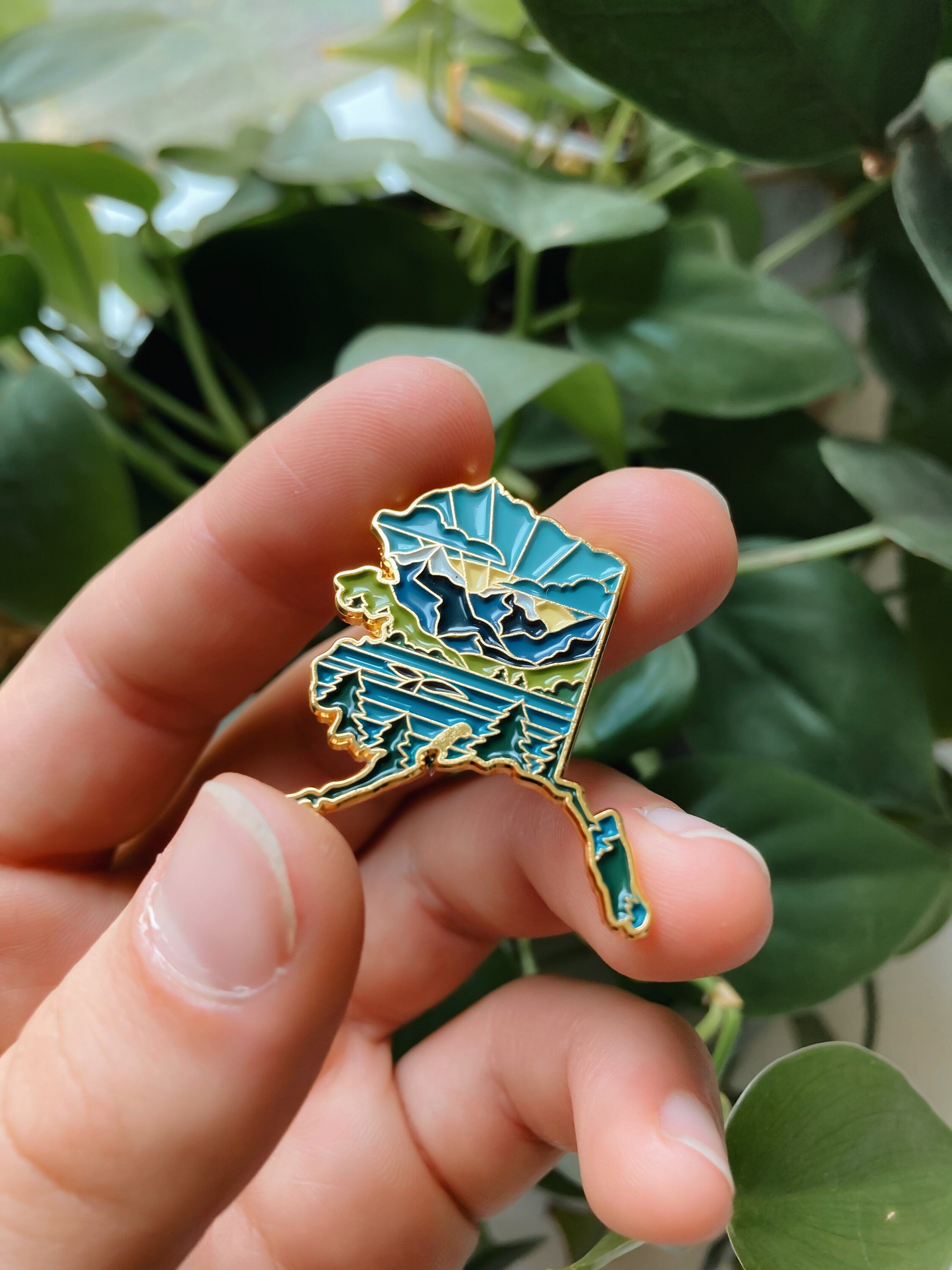 Alaska Enamel Pin | Gold Soft Enamel Pin | Illustrated United State Pin | Butterfly Clasp | 1.25"