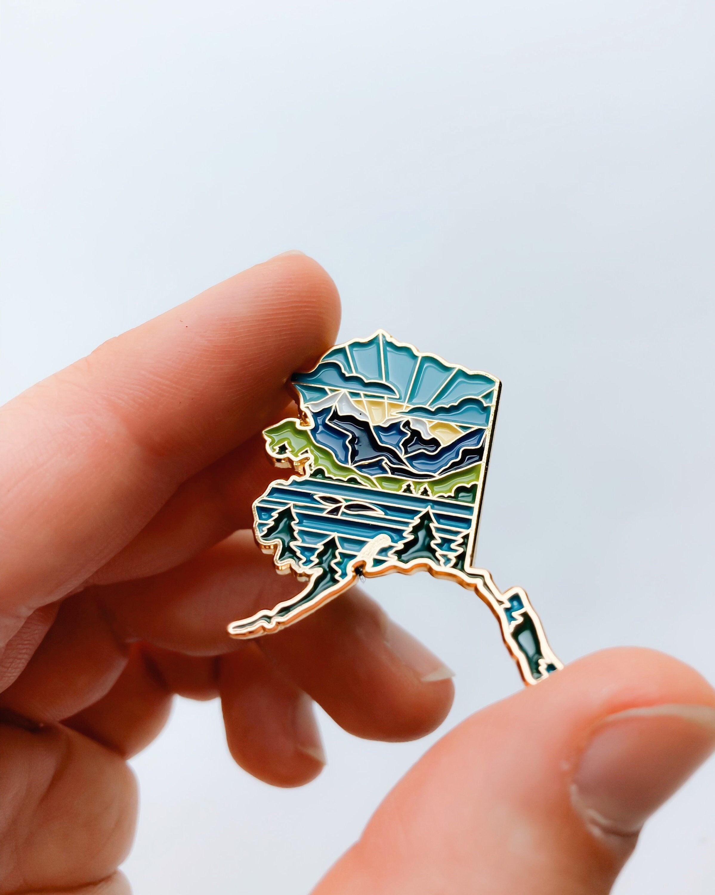Alaska Enamel Pin | Gold Soft Enamel Pin | Illustrated United State Pin | Butterfly Clasp | 1.25"