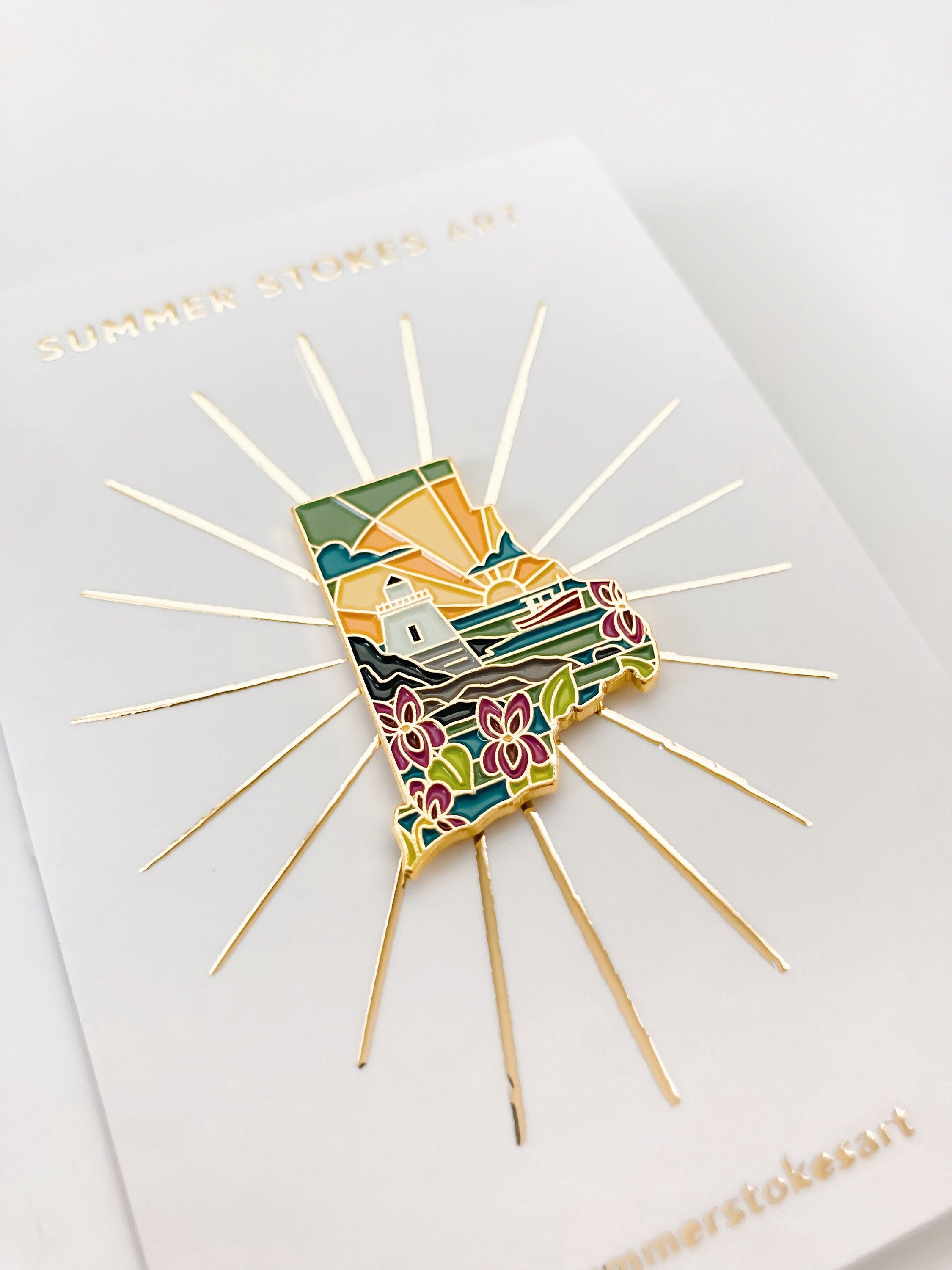 Gold Rhode Island Enamel Pin | Rhode Island Outline Pin | Illustrated State Pin | Butterfly Clasp | 1"