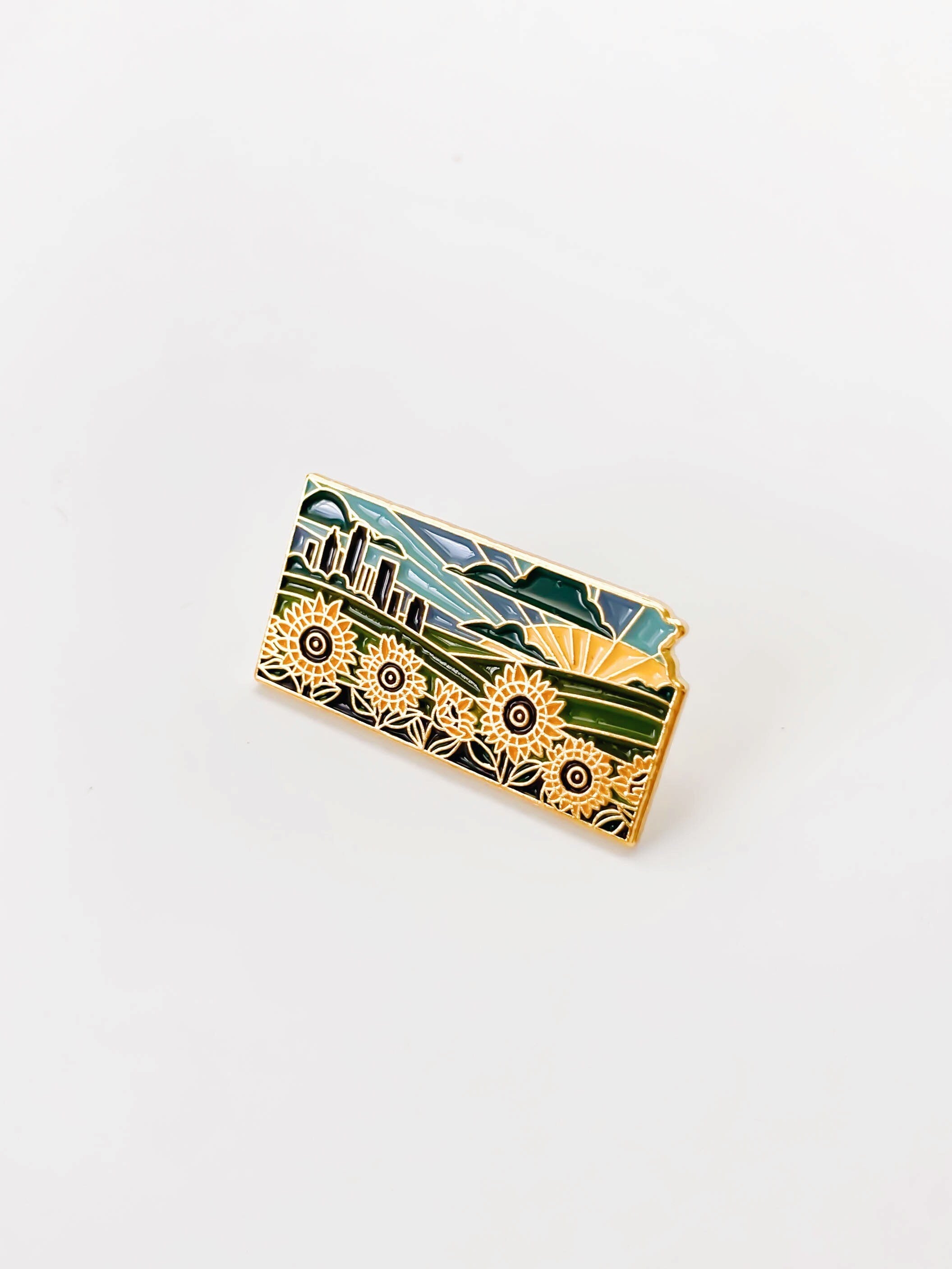 Gold Kansas Sunflower Enamel Pin | Kansas Outline Pin | Illustrated State Pin | Butterfly Clasp | 1"