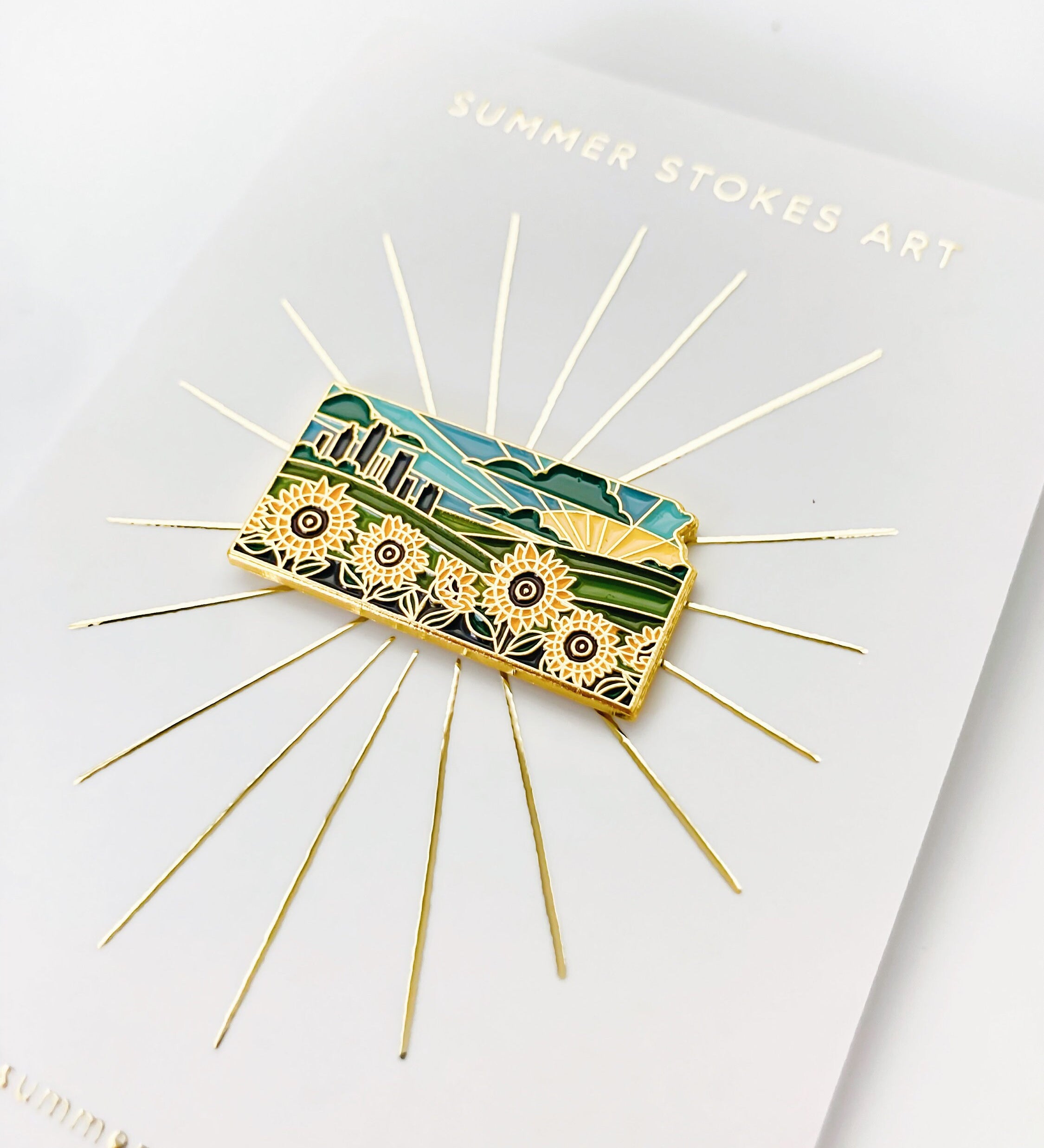 Gold Kansas Sunflower Enamel Pin | Kansas Outline Pin | Illustrated State Pin | Butterfly Clasp | 1"