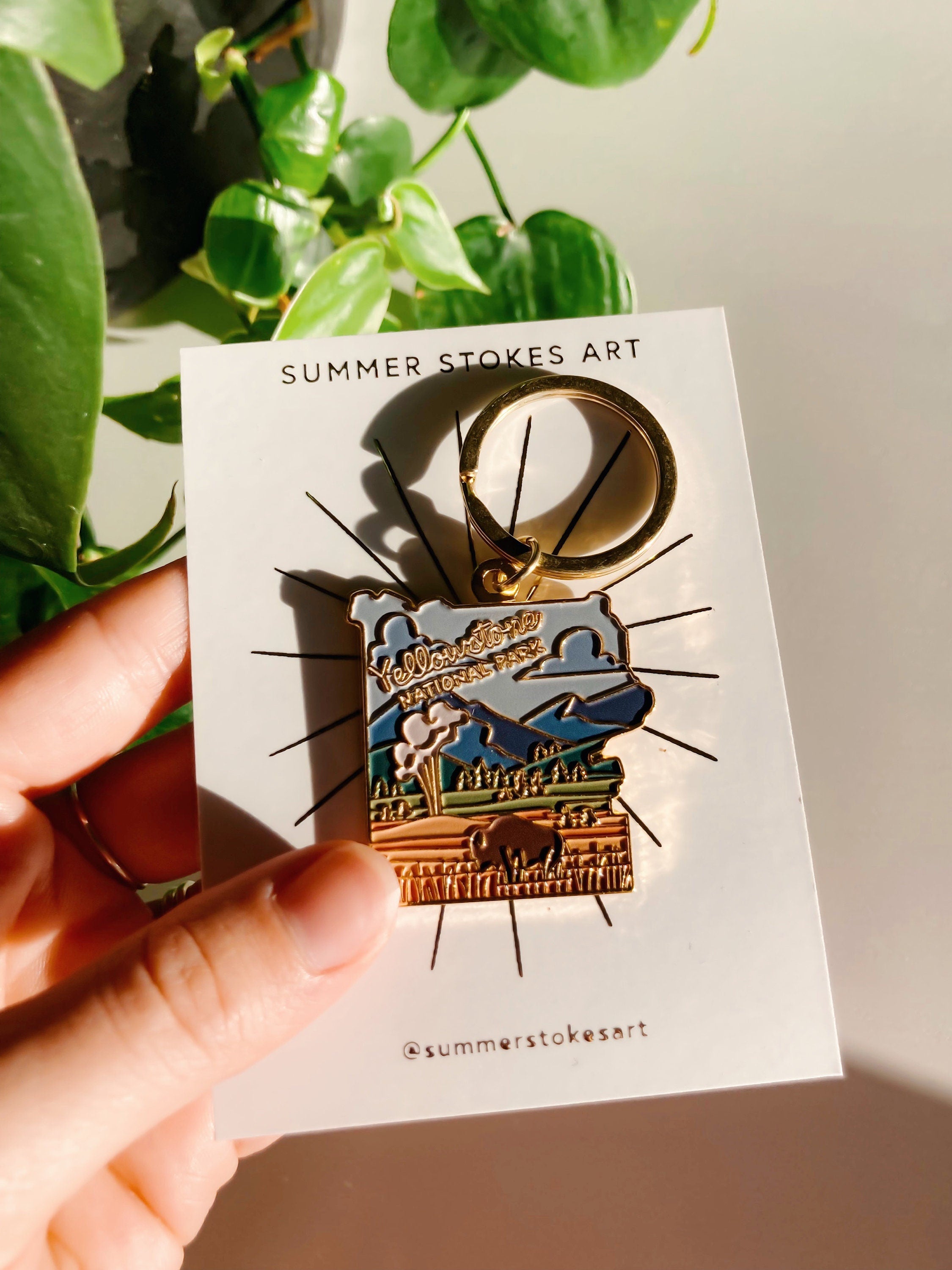Yellowstone Gold Enamel Keychain | National Park Key Ring | Soft Enamel Illustrated Keychain | Yellowstone National Park Gift | 1.5"