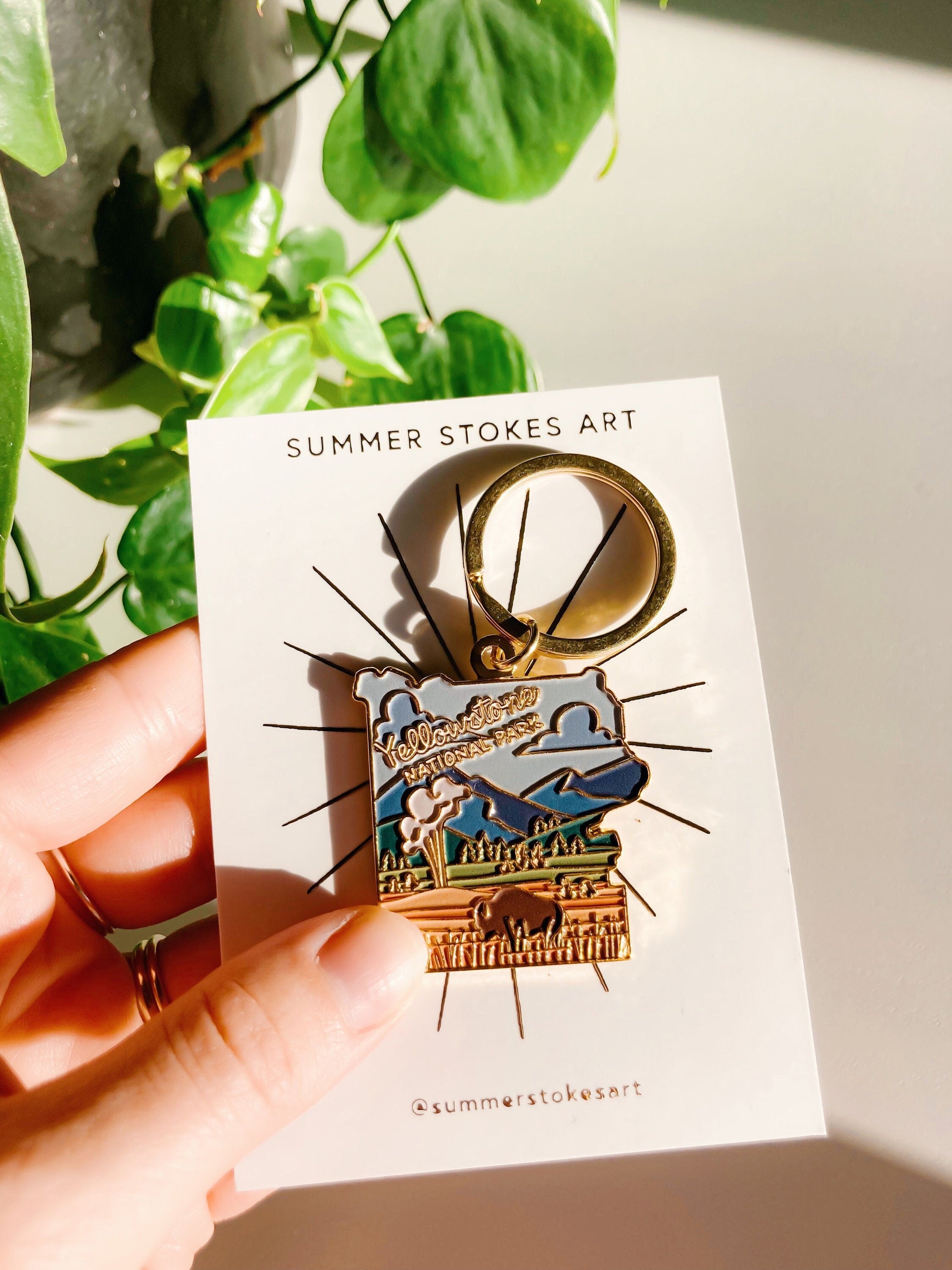 Yellowstone Gold Enamel Keychain | National Park Key Ring | Soft Enamel Illustrated Keychain | Yellowstone National Park Gift | 1.5"
