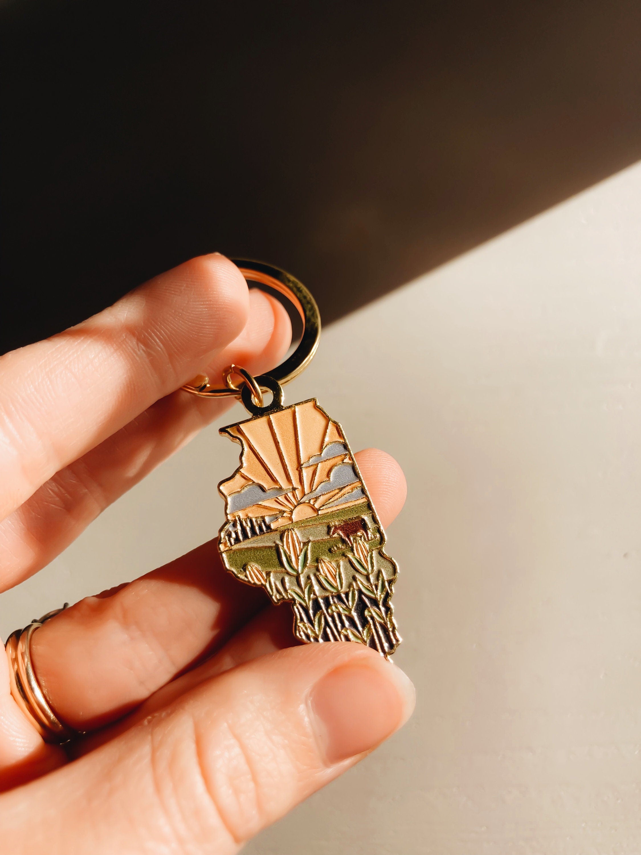 Illinois Gold Enamel Keychain | Illinois Outline Key Ring | Soft Enamel Illustrated State Keychain 1.75"