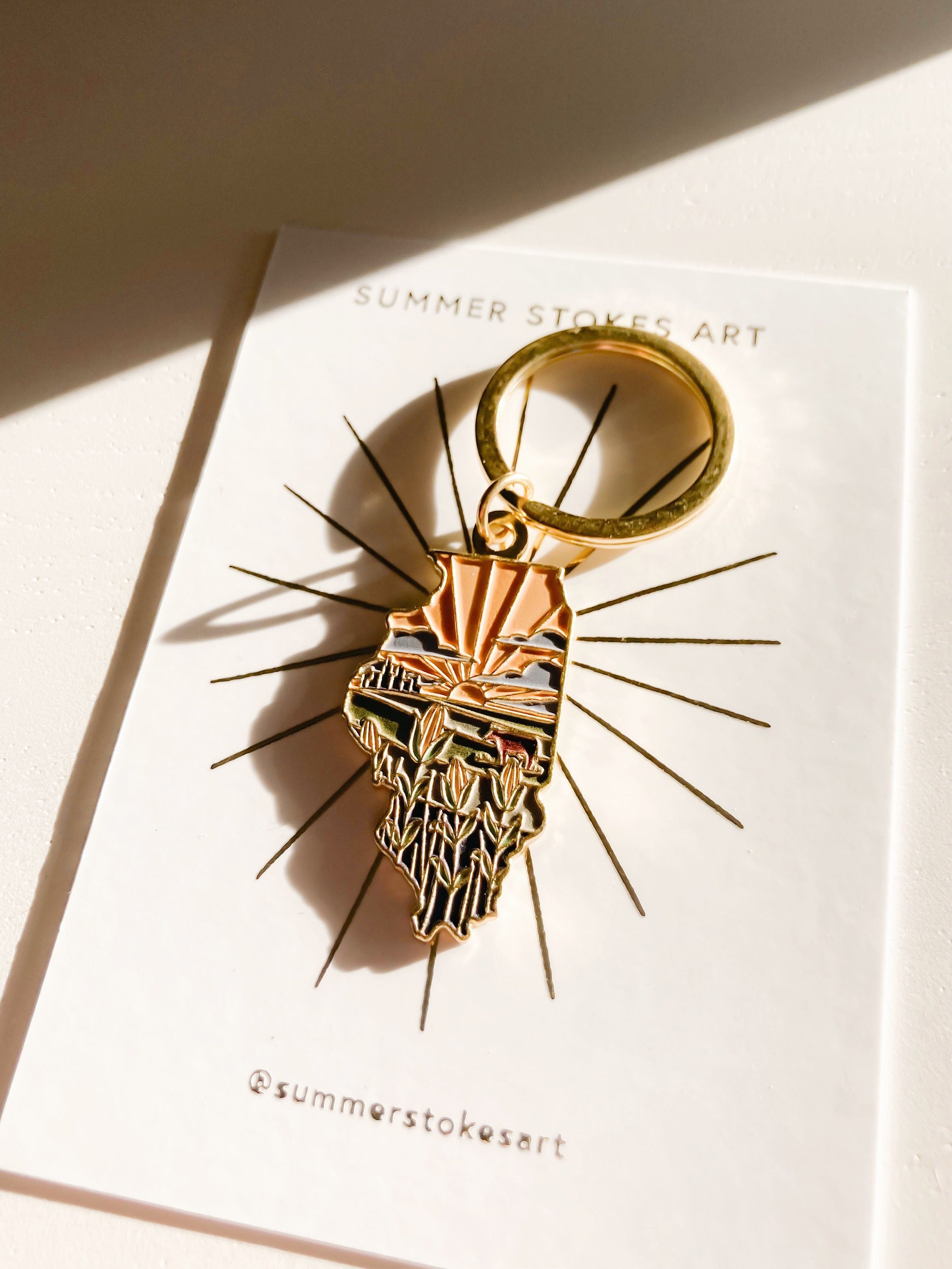 Illinois Gold Enamel Keychain | Illinois Outline Key Ring | Soft Enamel Illustrated State Keychain 1.75"