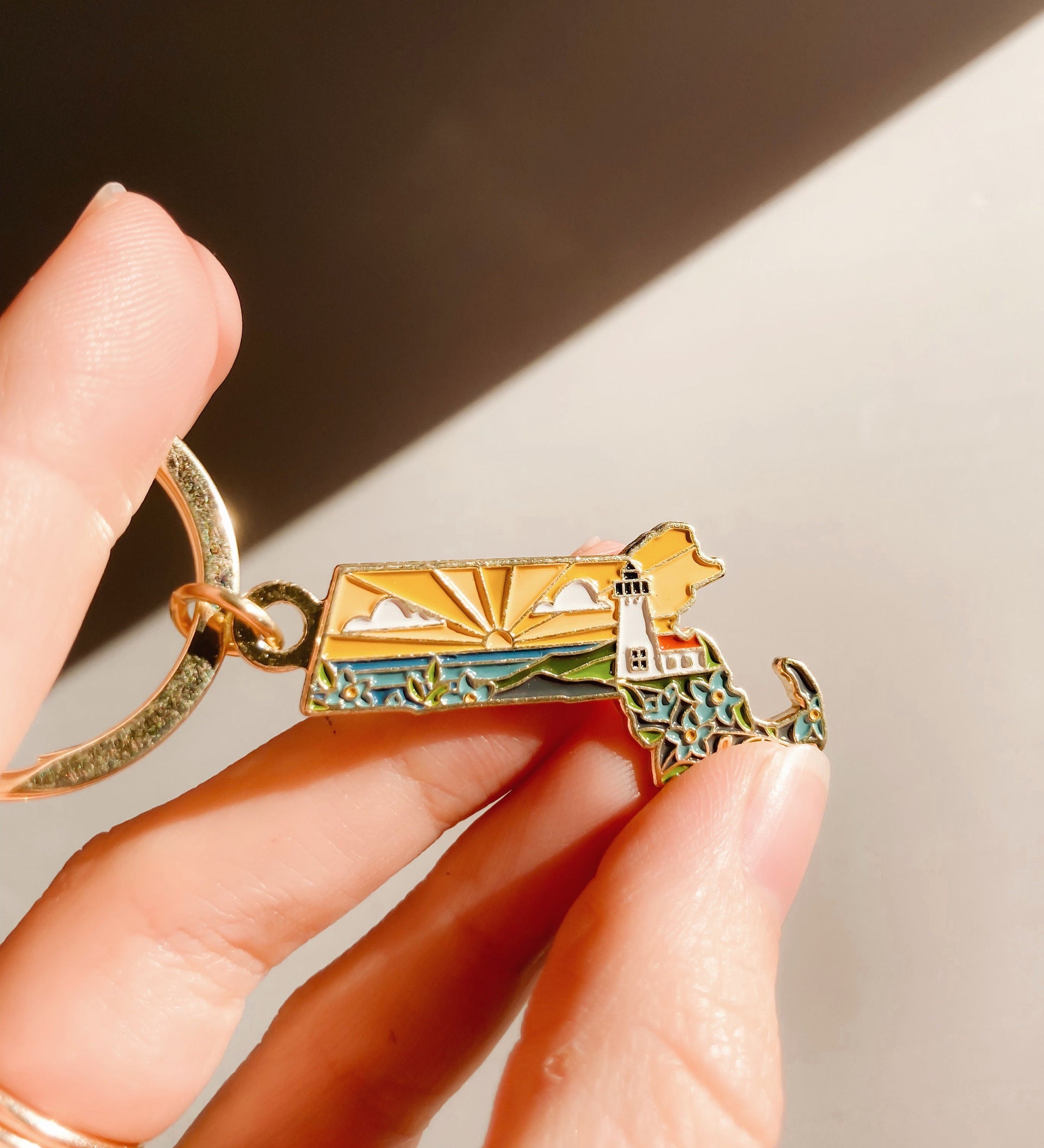 Gold Massachusetts Soft Enamel Keychain 1.5" | Massachusetts Outline Key Ring | Illustrated State Keychain