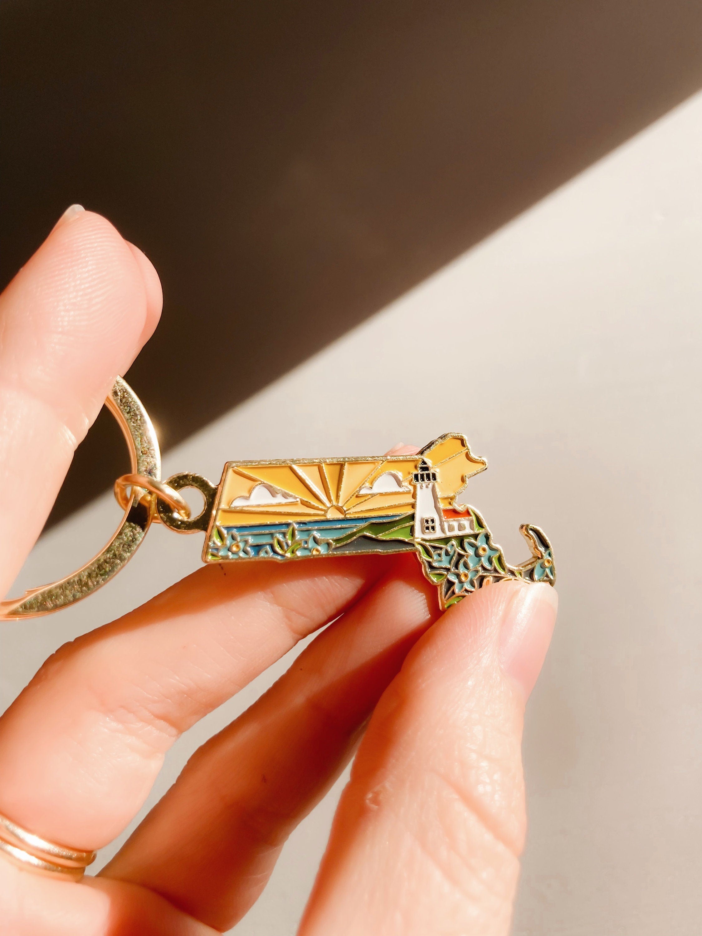 Gold Massachusetts Soft Enamel Keychain 1.5" | Massachusetts Outline Key Ring | Illustrated State Keychain