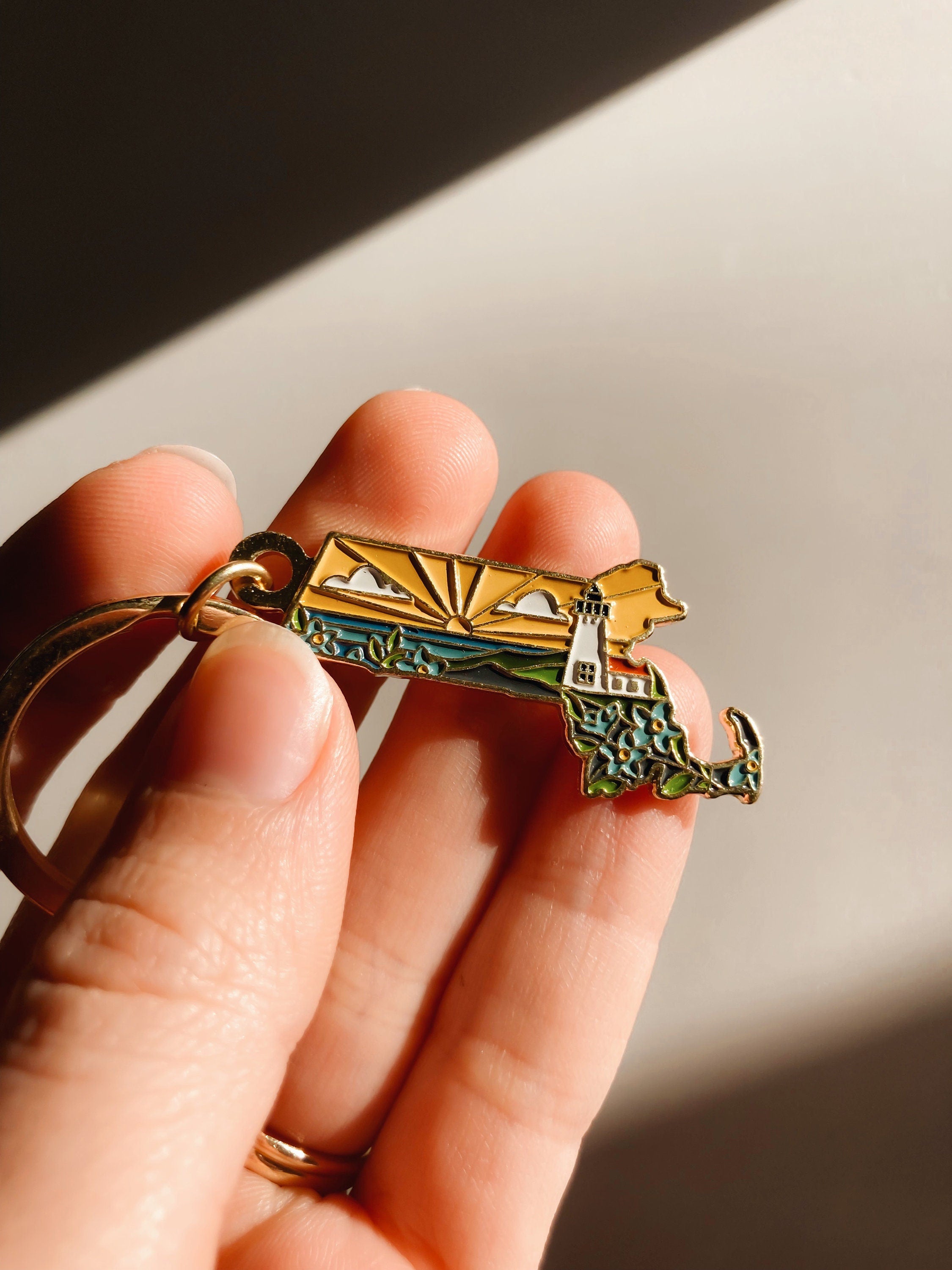 Gold Massachusetts Soft Enamel Keychain 1.5" | Massachusetts Outline Key Ring | Illustrated State Keychain