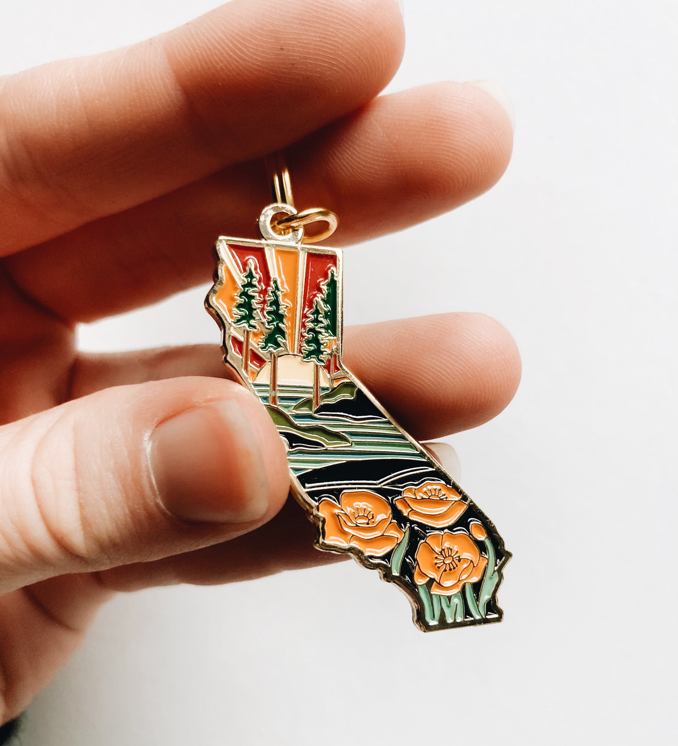 Gold California Poppy Soft Enamel Keychain 1.5" | California Outline Key Ring | Illustrated State Keychain