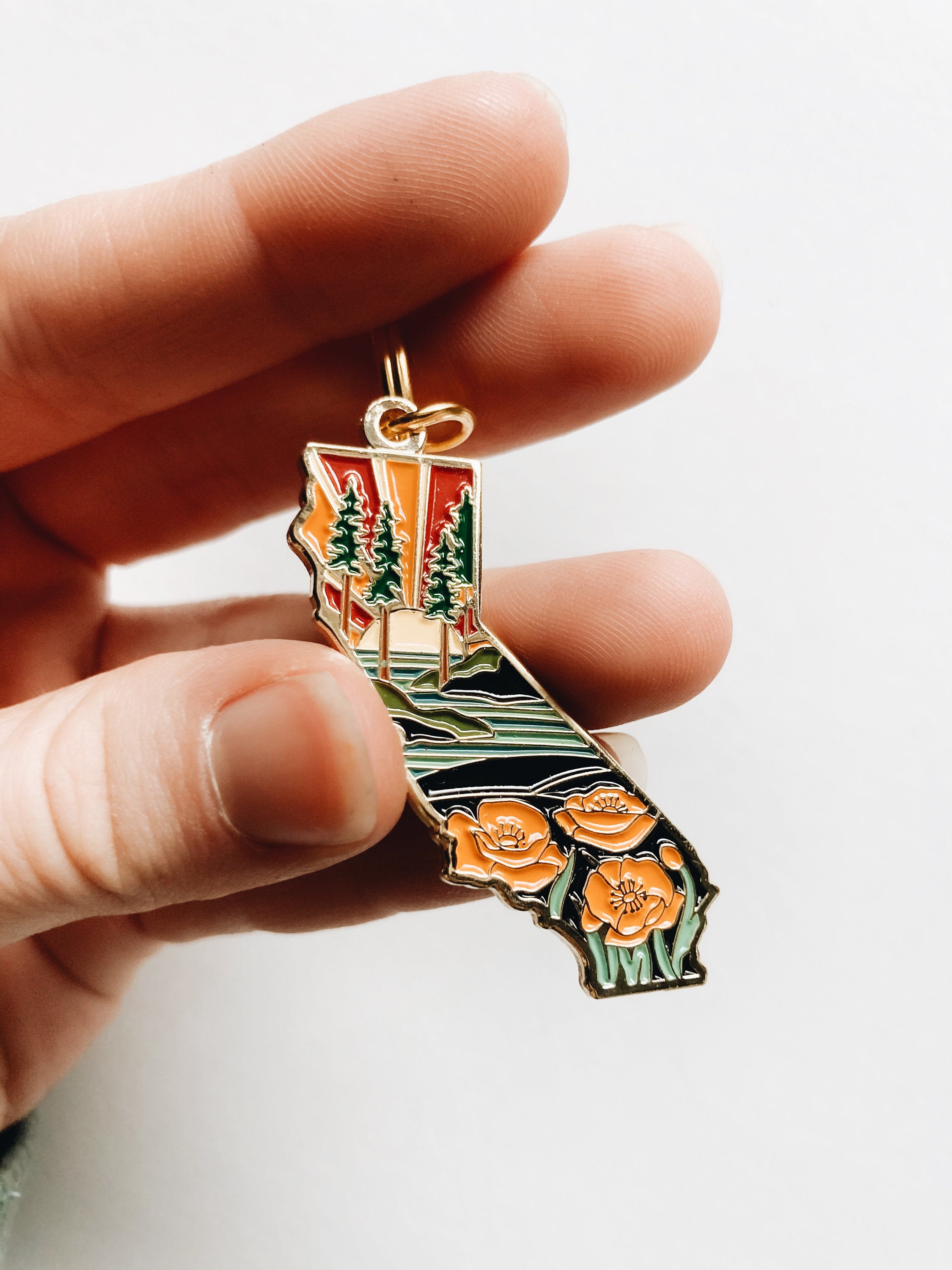 Gold California Poppy Soft Enamel Keychain 1.5" | California Outline Key Ring | Illustrated State Keychain