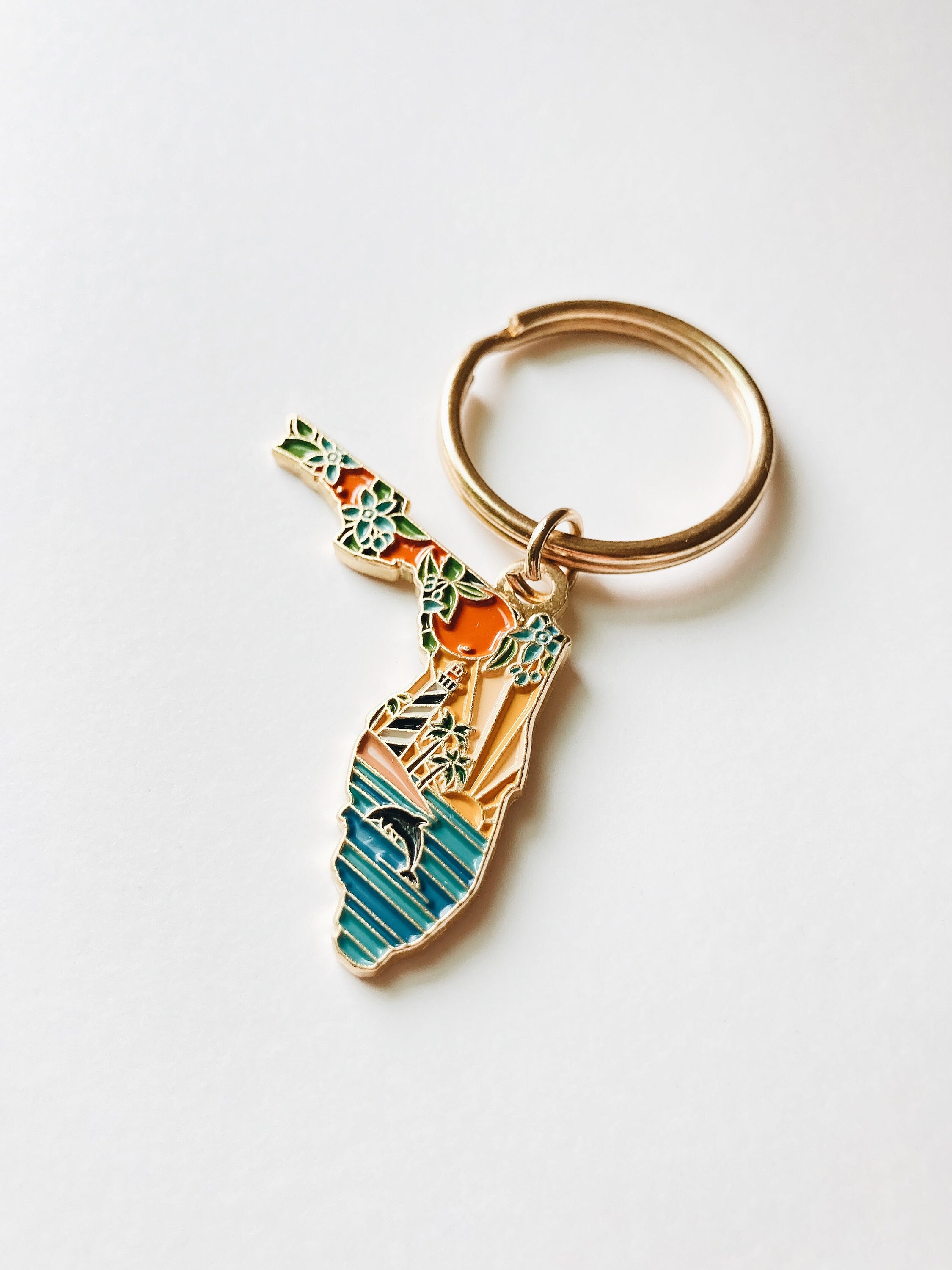 Florida Gold Enamel Keychain | Florida Outline Key Ring | Soft Enamel Illustrated State Keychain 1.5"