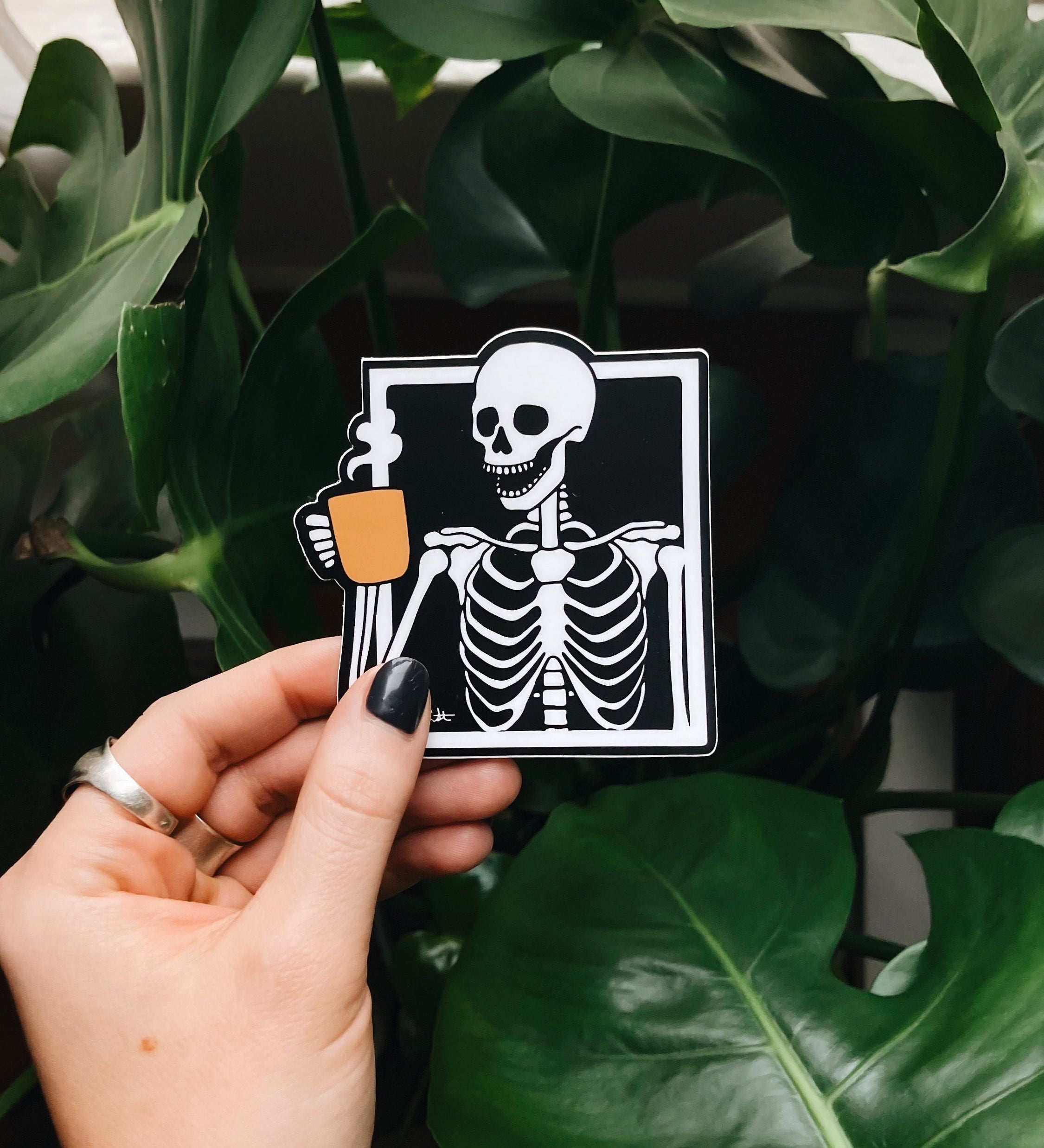 Skeleton Drinking Coffee Sticker | Waterproof Sticker | Vinyl Decal | Waterbottle Sticker | Bumper Sticker 3 inch