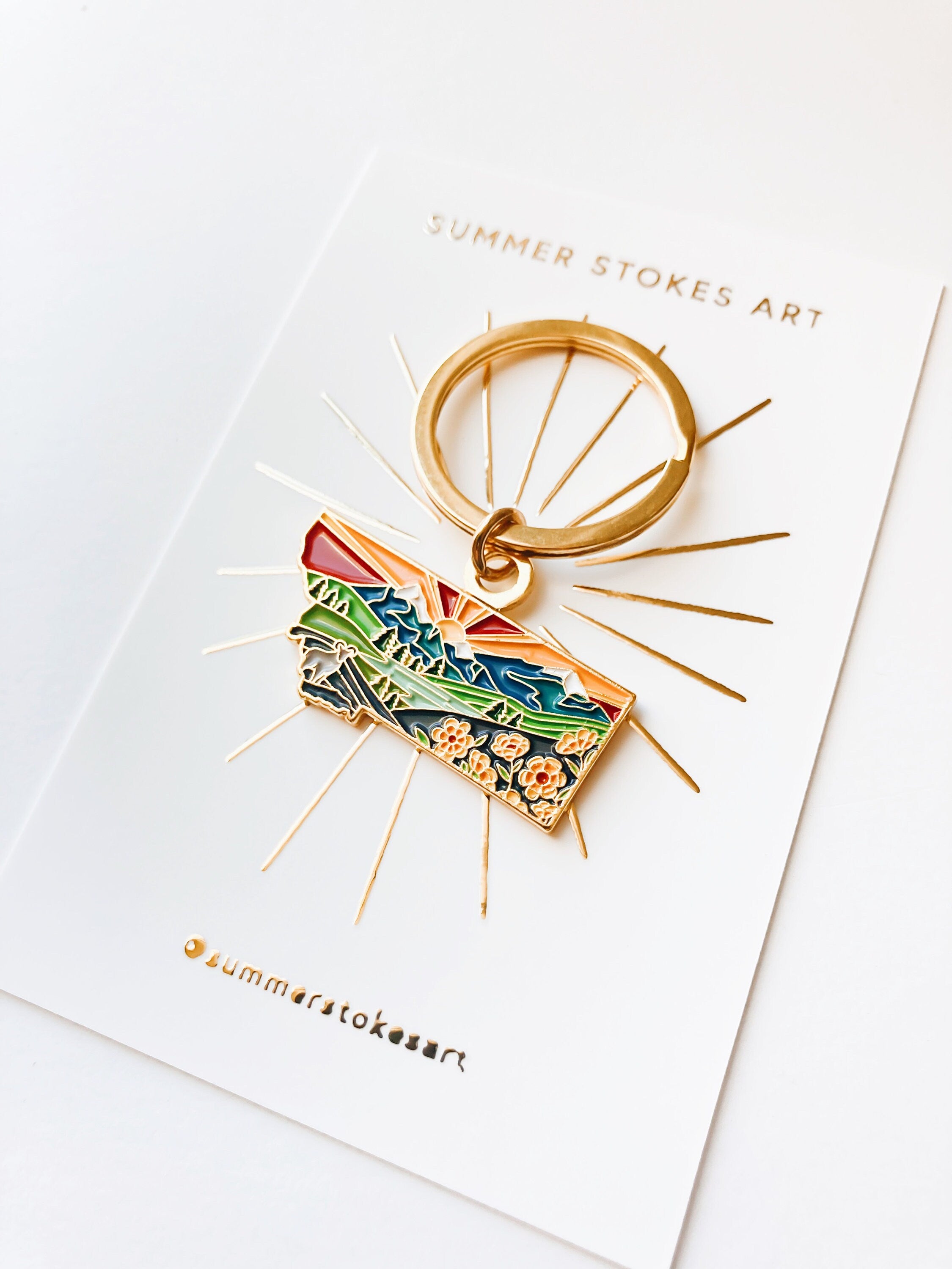 Montana Gold Enamel Keychain | Montana State Key Ring | Soft Enamel Illustrated State Keychain 1.5"