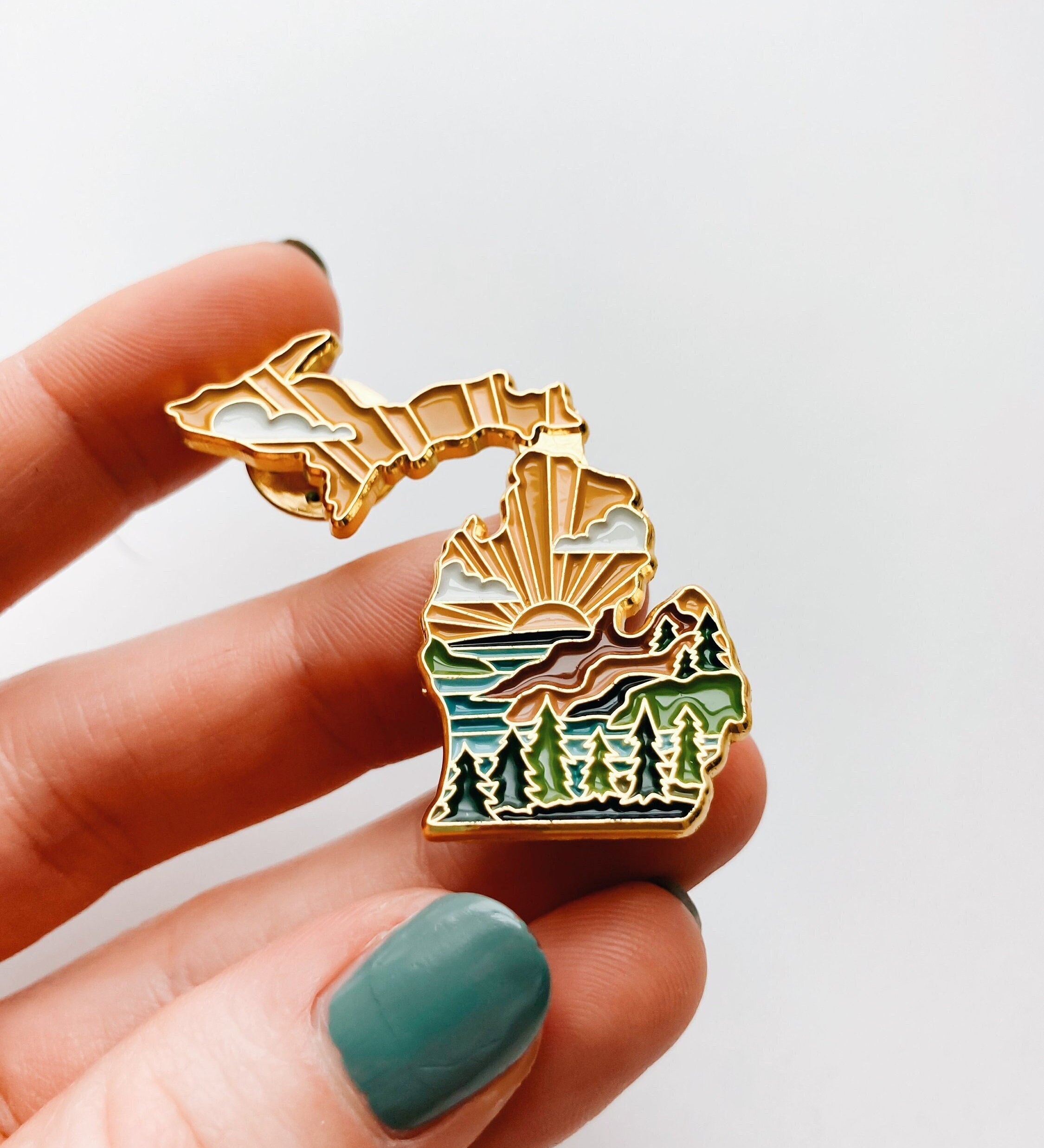 Michigan Enamel Pin | Gold Soft Enamel Pin | Illustrated United State Pin | Butterfly Clasp | 1.25"
