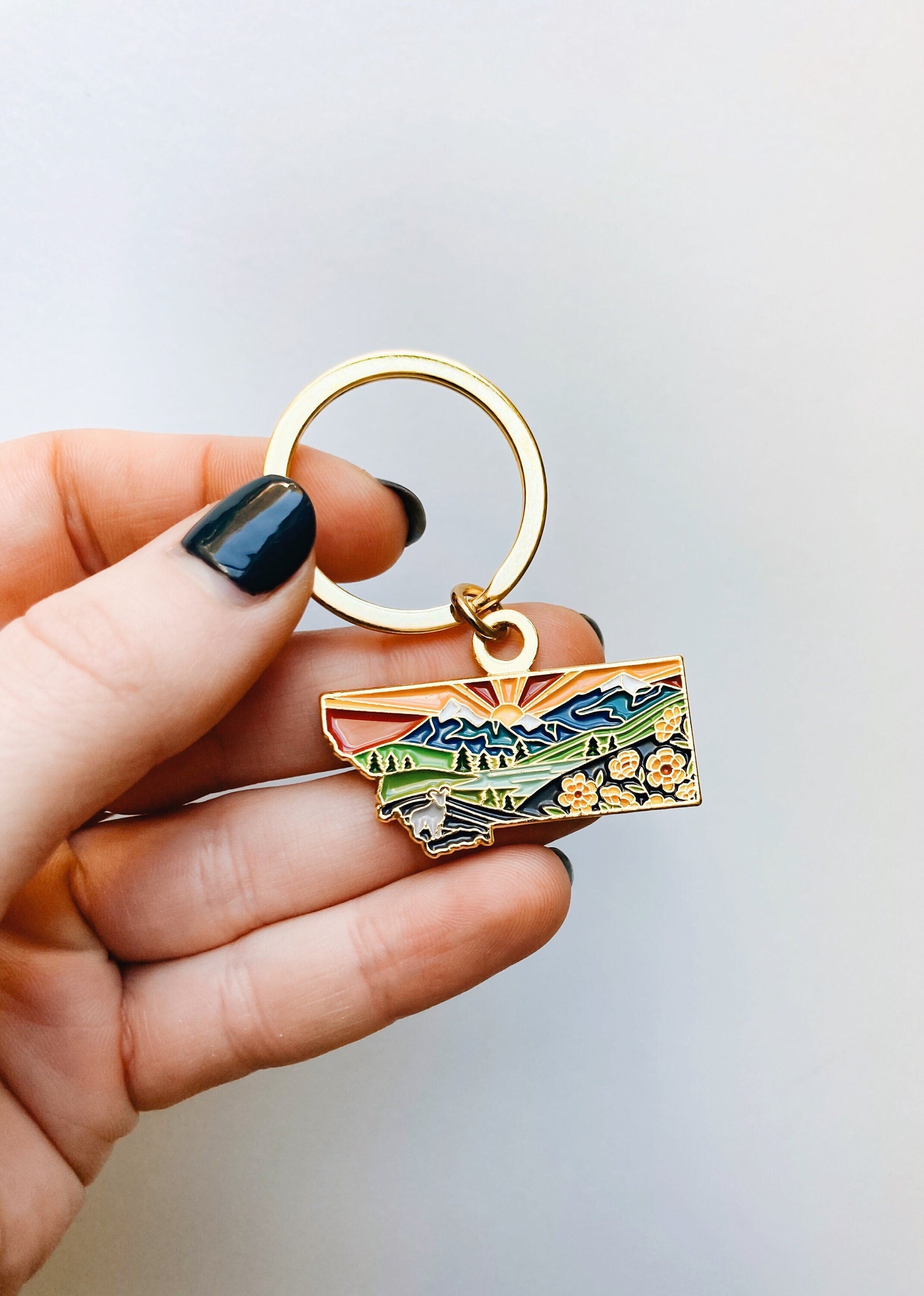 Montana Gold Enamel Keychain | Montana State Key Ring | Soft Enamel Illustrated State Keychain 1.5"