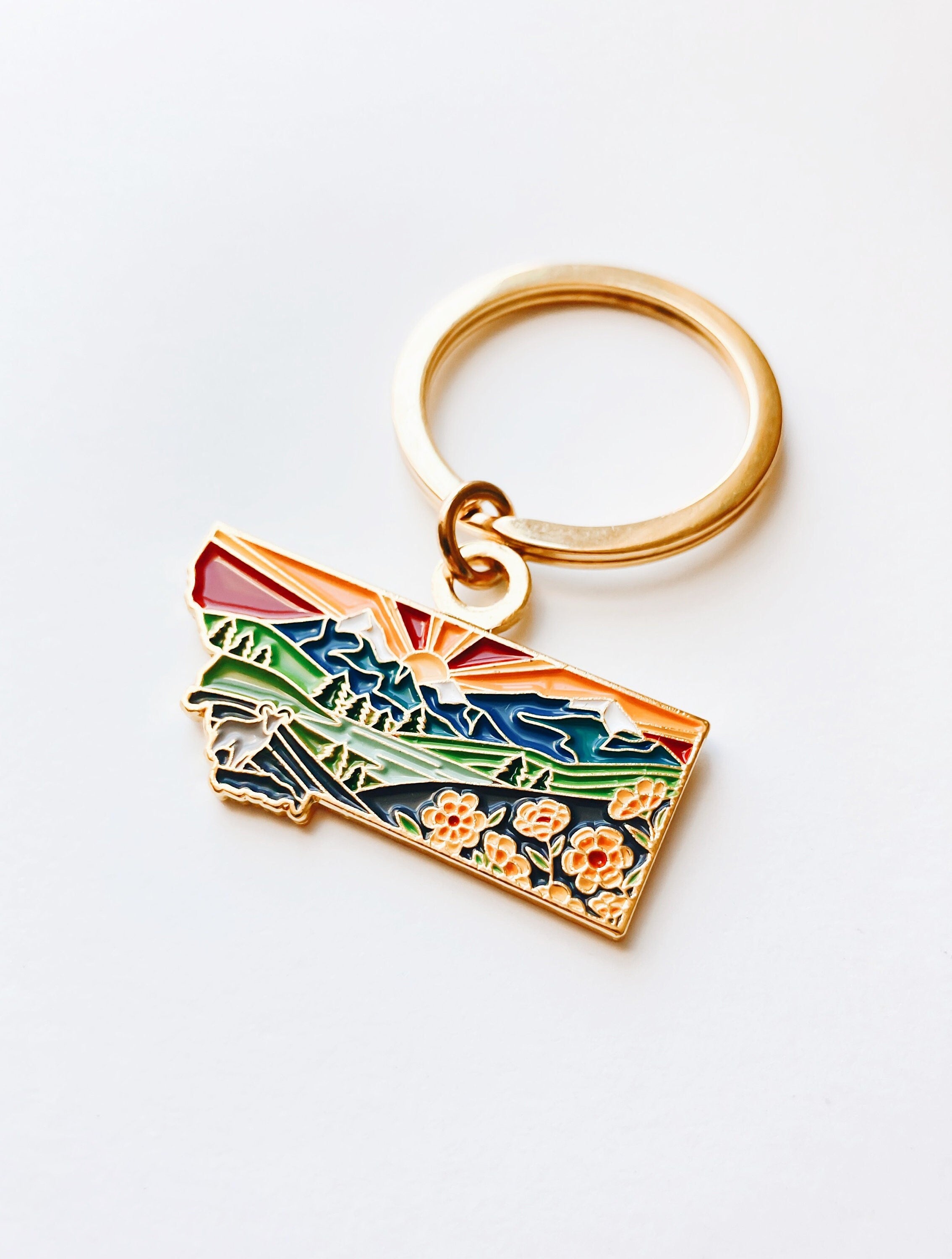 Montana Gold Enamel Keychain | Montana State Key Ring | Soft Enamel Illustrated State Keychain 1.5"