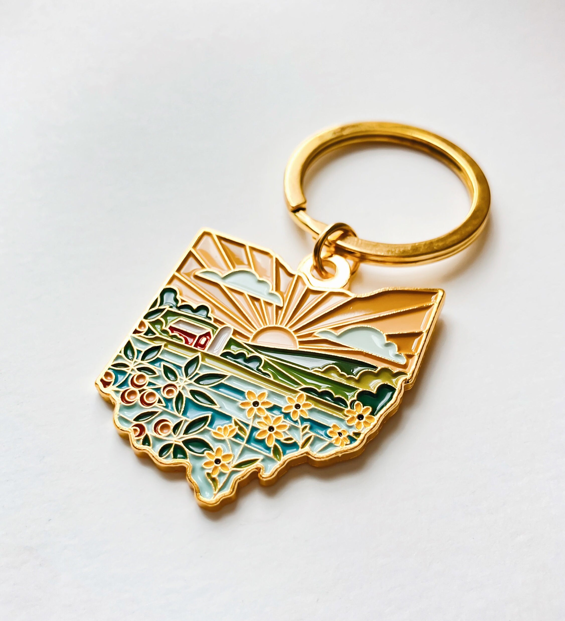 Ohio Gold Enamel Keychain | Ohio Outline Key Ring | Soft Enamel Illustrated State Keychain 1.5"