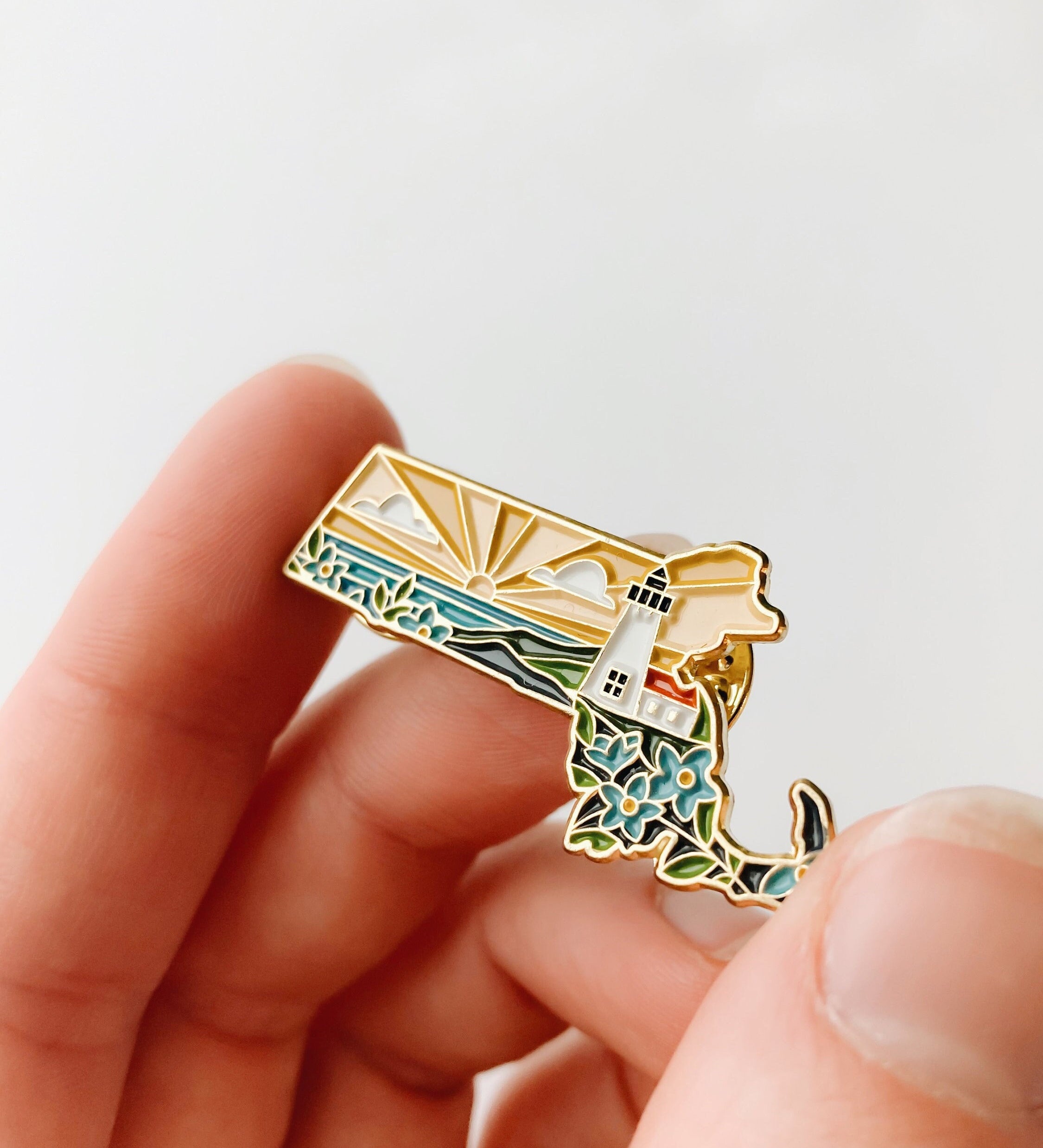 Massachusetts Enamel Pin | Gold Soft Enamel Pin | Illustrated United States Pin | Butterfly Clasp | 1.25"