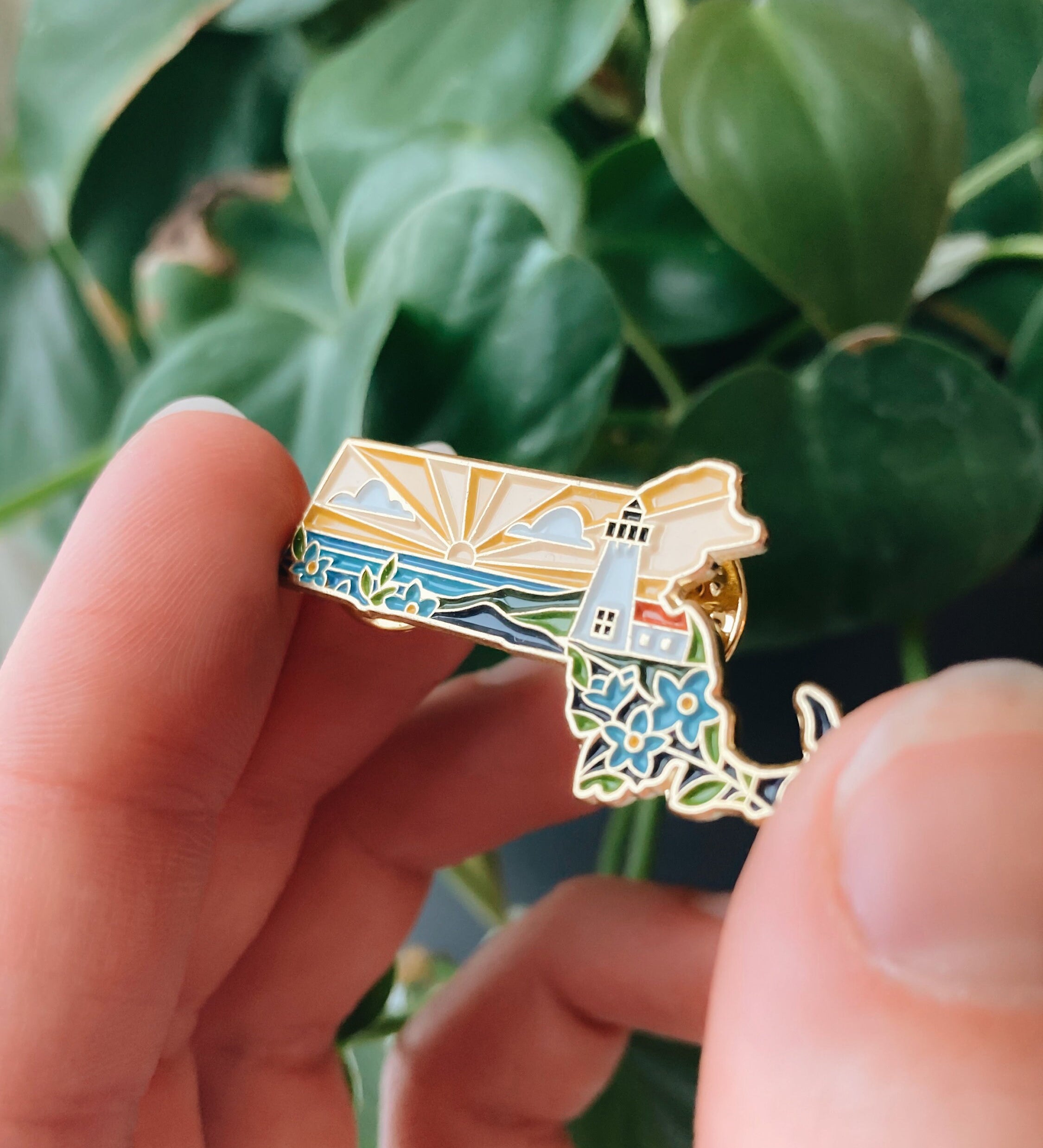 Massachusetts Enamel Pin | Gold Soft Enamel Pin | Illustrated United States Pin | Butterfly Clasp | 1.25"
