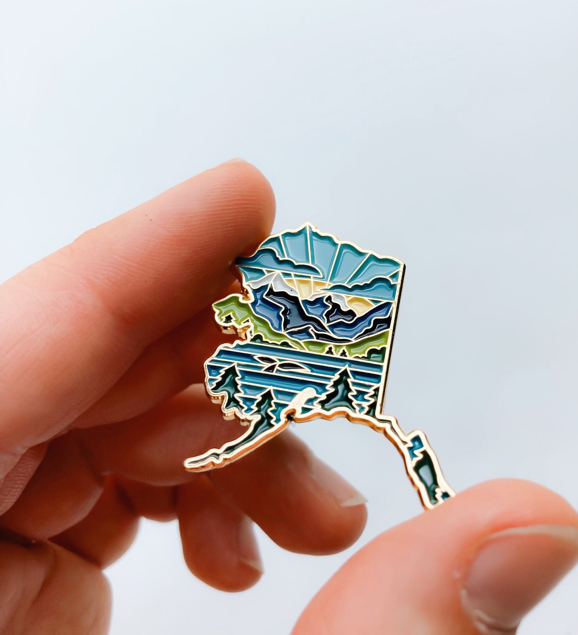 Alaska Enamel Pin | Gold Soft Enamel Pin | Illustrated United State Pin | Butterfly Clasp | 1.25"