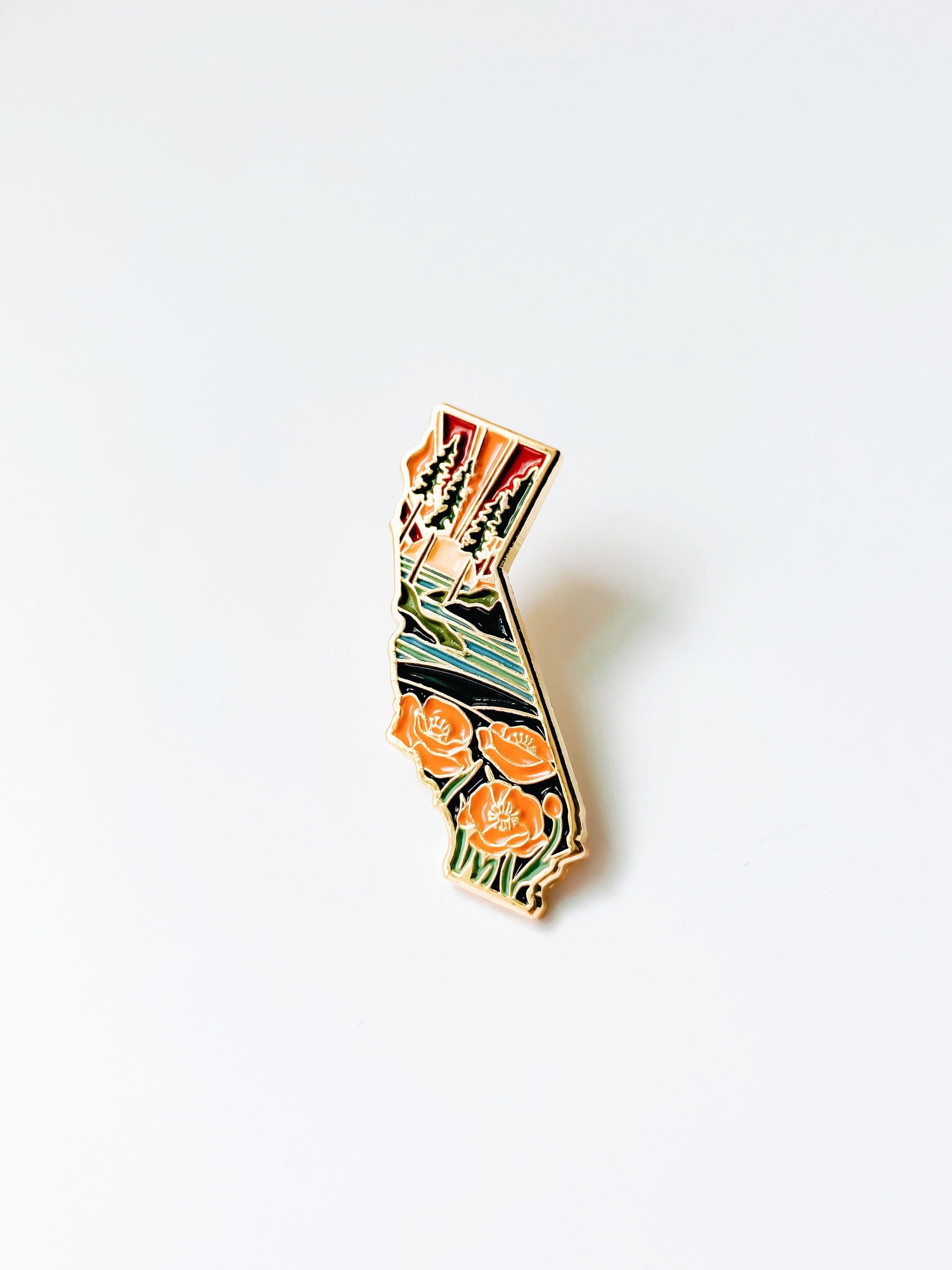 Gold California Poppy Enamel Pin | California Outline Pin | Illustrated State Pin | Butterfly Clasp | 1"