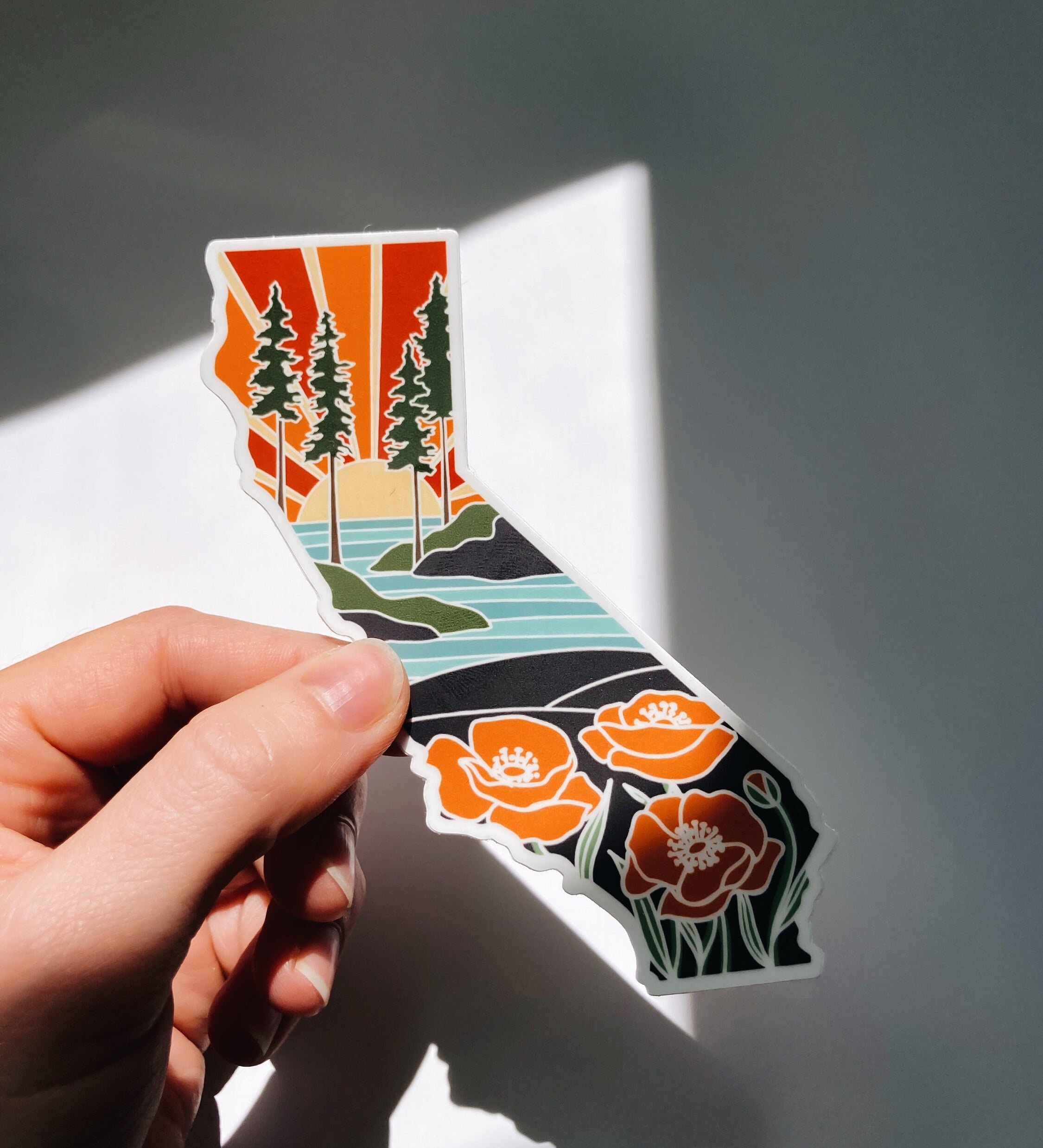 California Poppy State Sticker | Weatherproof Vinyl Decal | California Outline | Illustrated States | Outdoor Sticker | Bumper Sticker | 4"