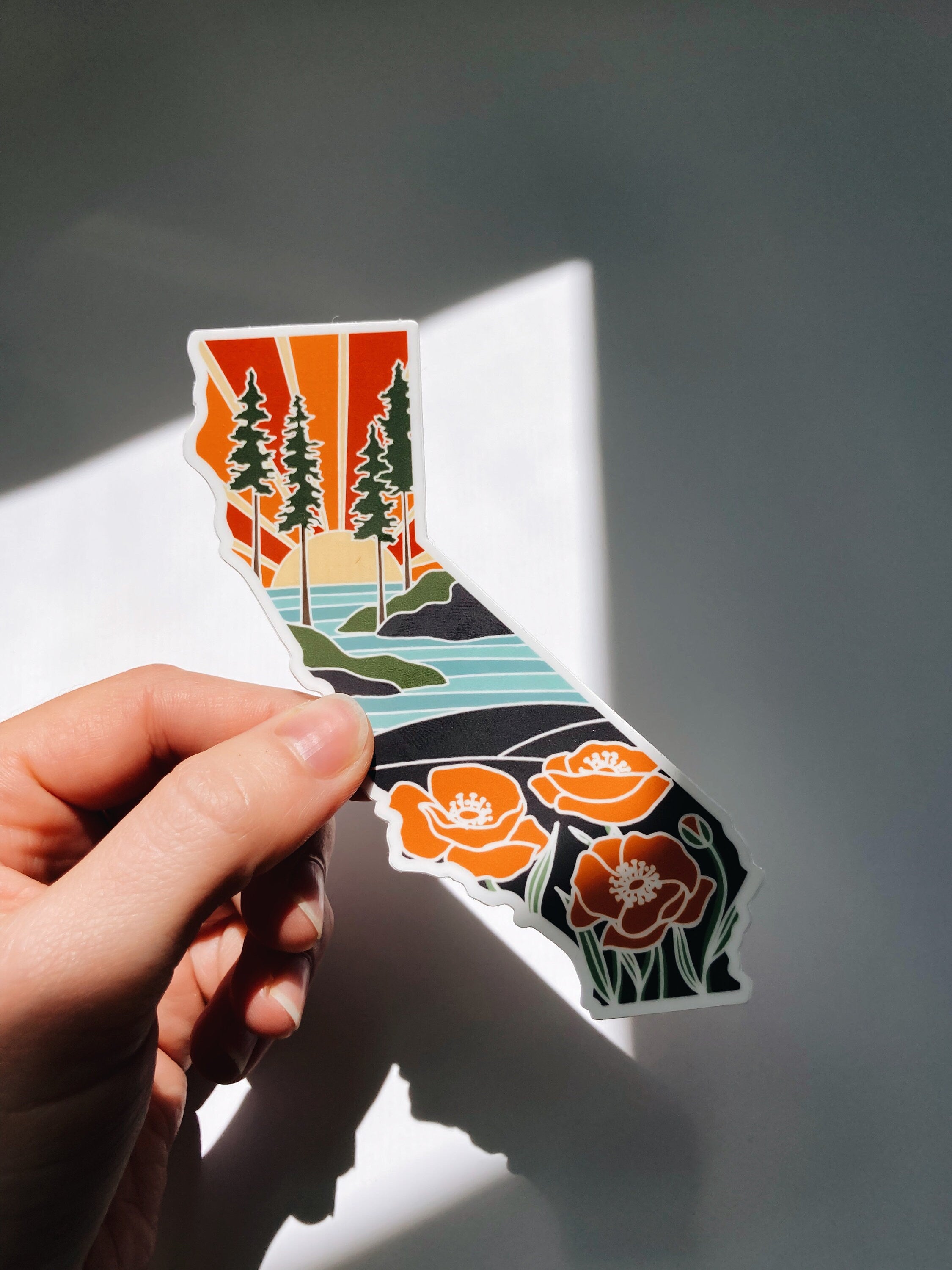 California Poppy State Sticker | Weatherproof Vinyl Decal | California Outline | Illustrated States | Outdoor Sticker | Bumper Sticker | 4"
