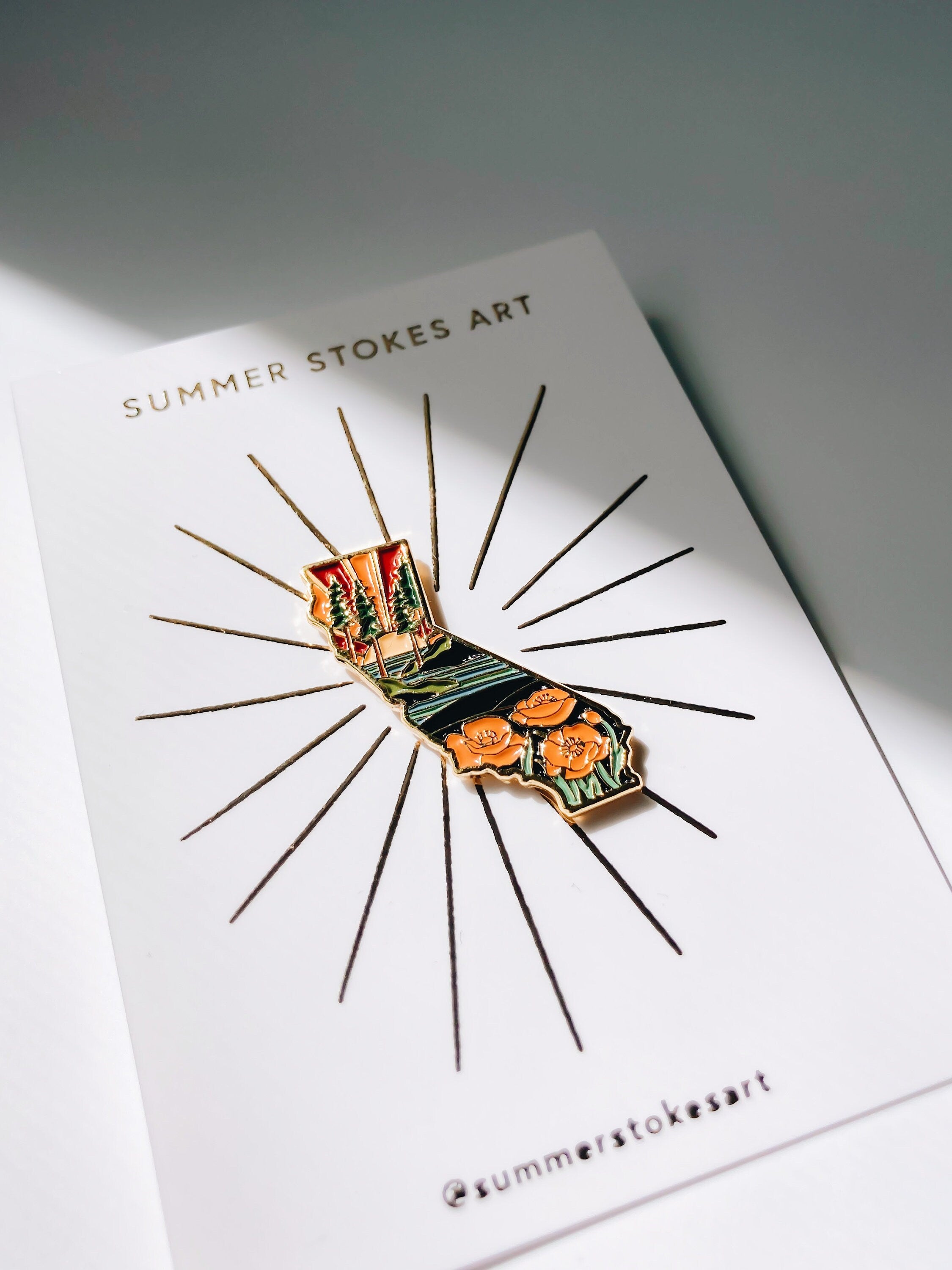 Gold California Poppy Enamel Pin | California Outline Pin | Illustrated State Pin | Butterfly Clasp | 1"