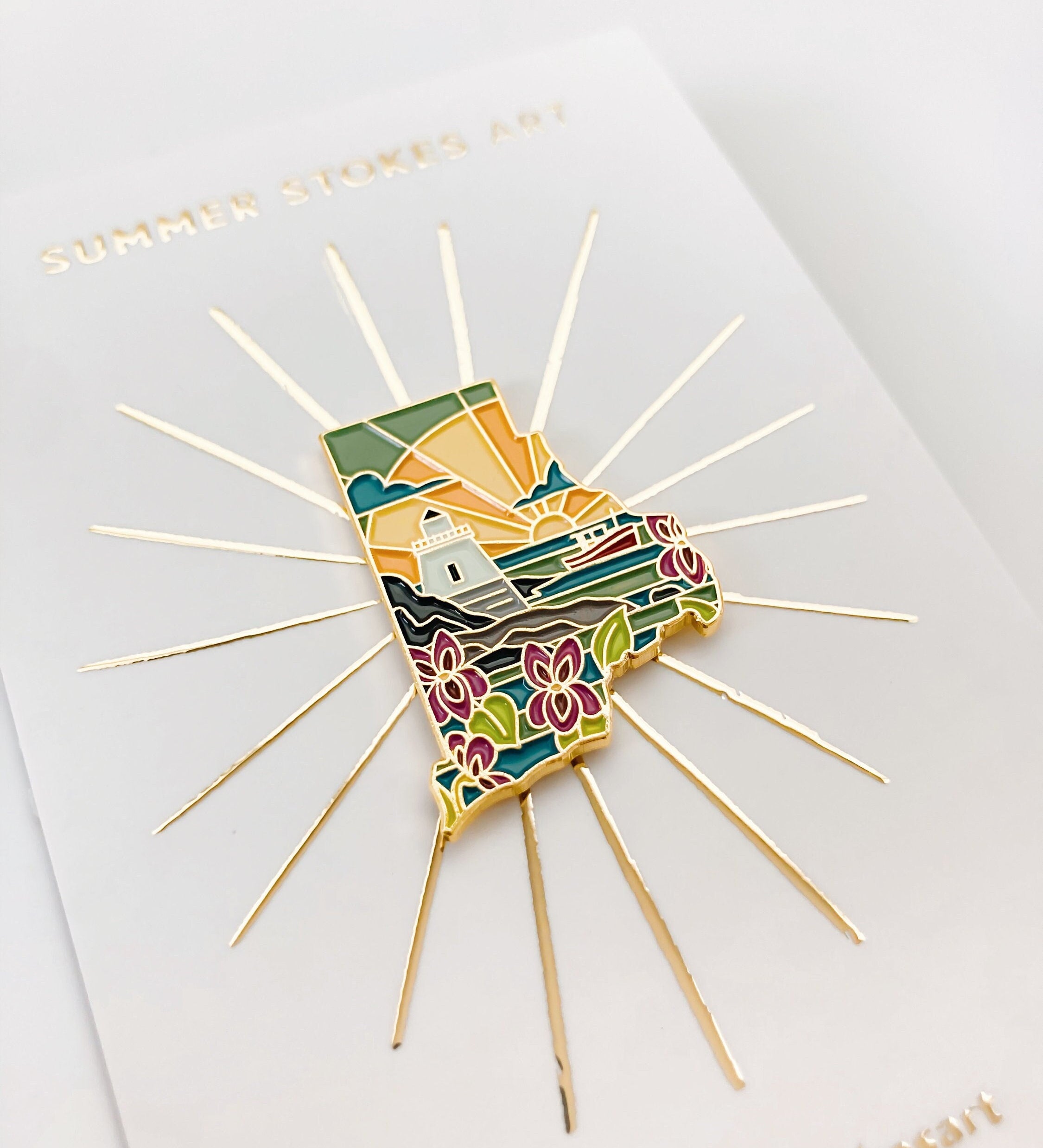 Gold Rhode Island Enamel Pin | Rhode Island Outline Pin | Illustrated State Pin | Butterfly Clasp | 1"