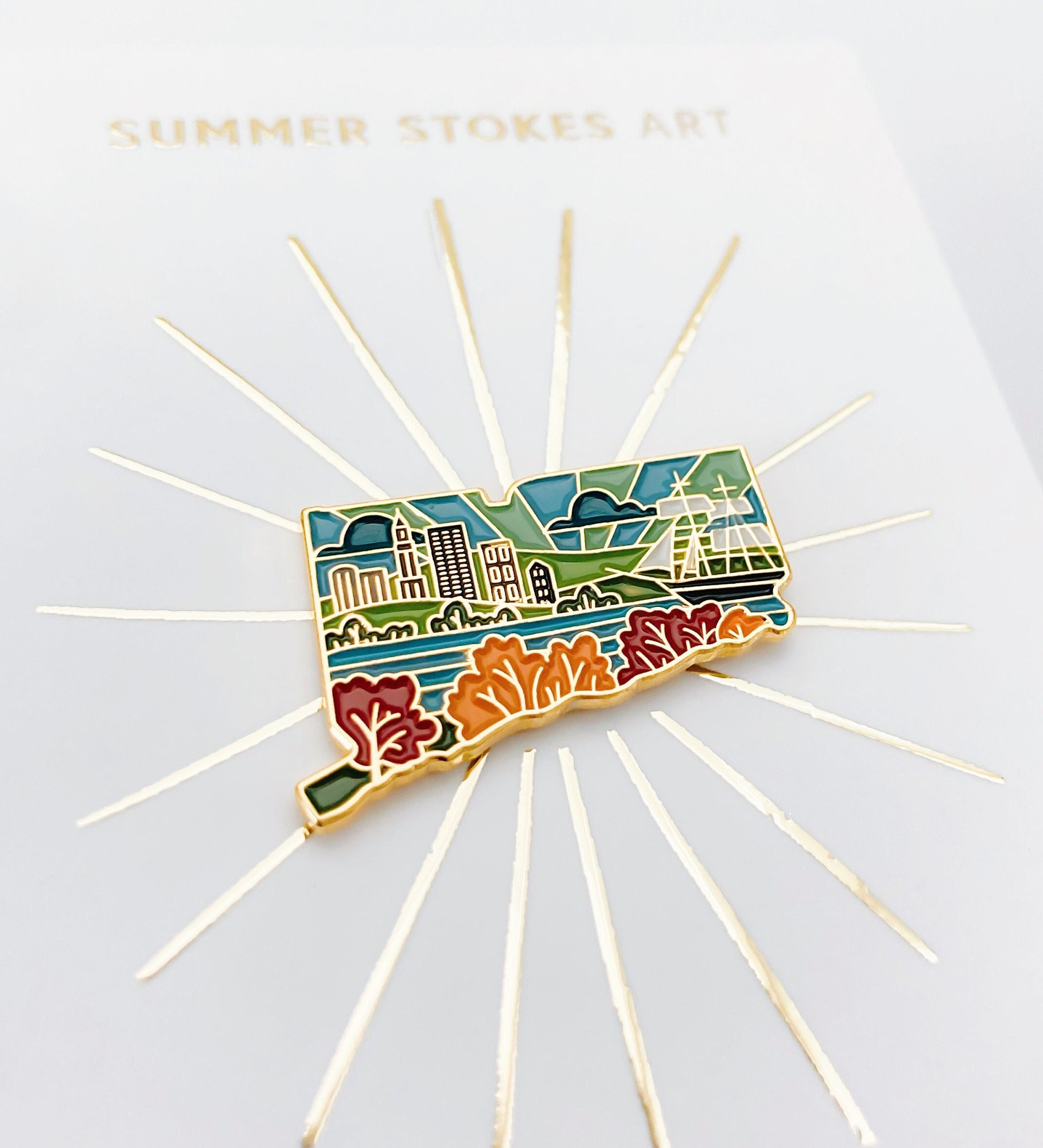 Gold Connecticut Enamel Pin | Connecticut Outline Pin | Illustrated State Pin | Butterfly Clasp | 1"