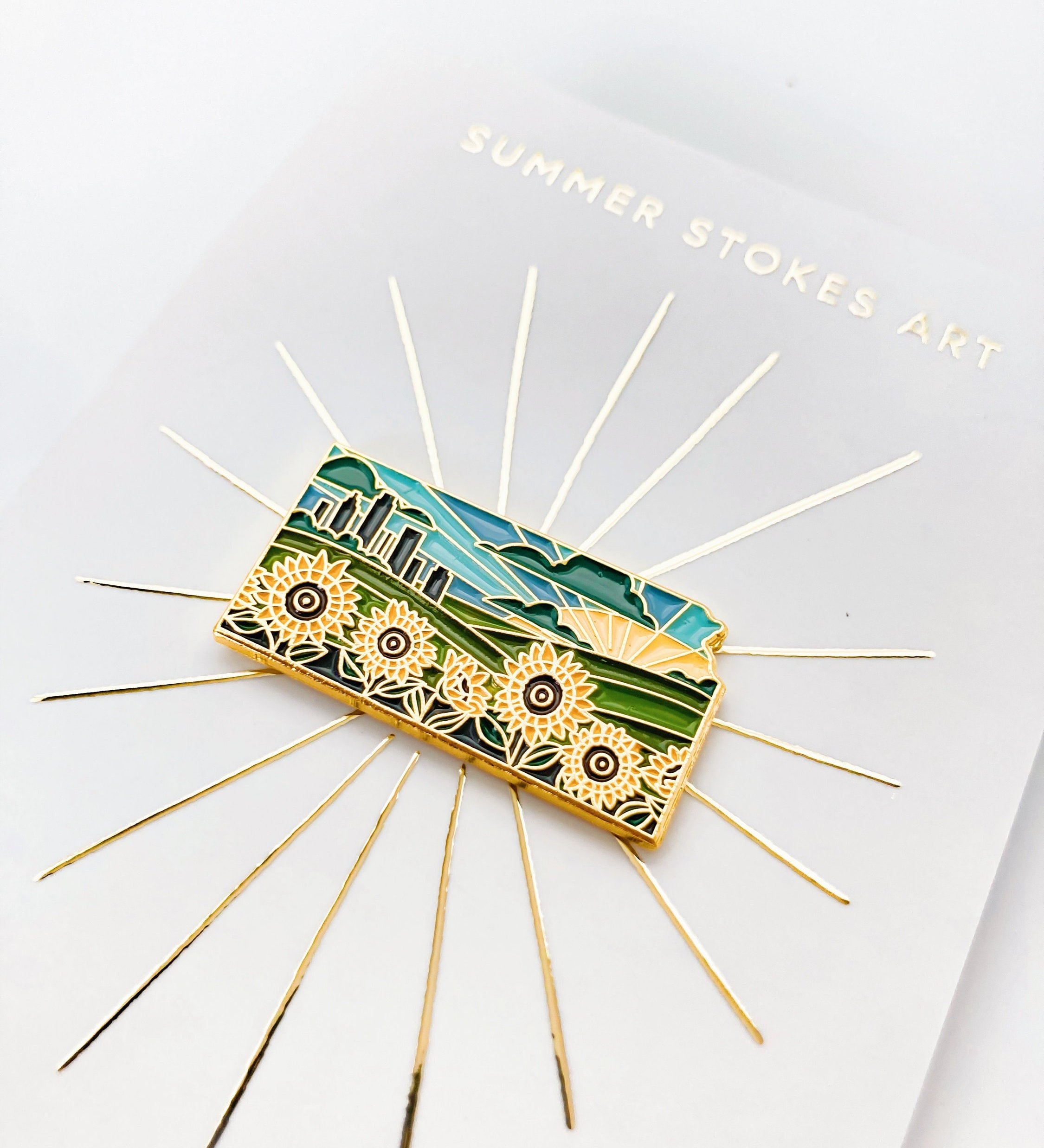 Gold Kansas Sunflower Enamel Pin | Kansas Outline Pin | Illustrated State Pin | Butterfly Clasp | 1"
